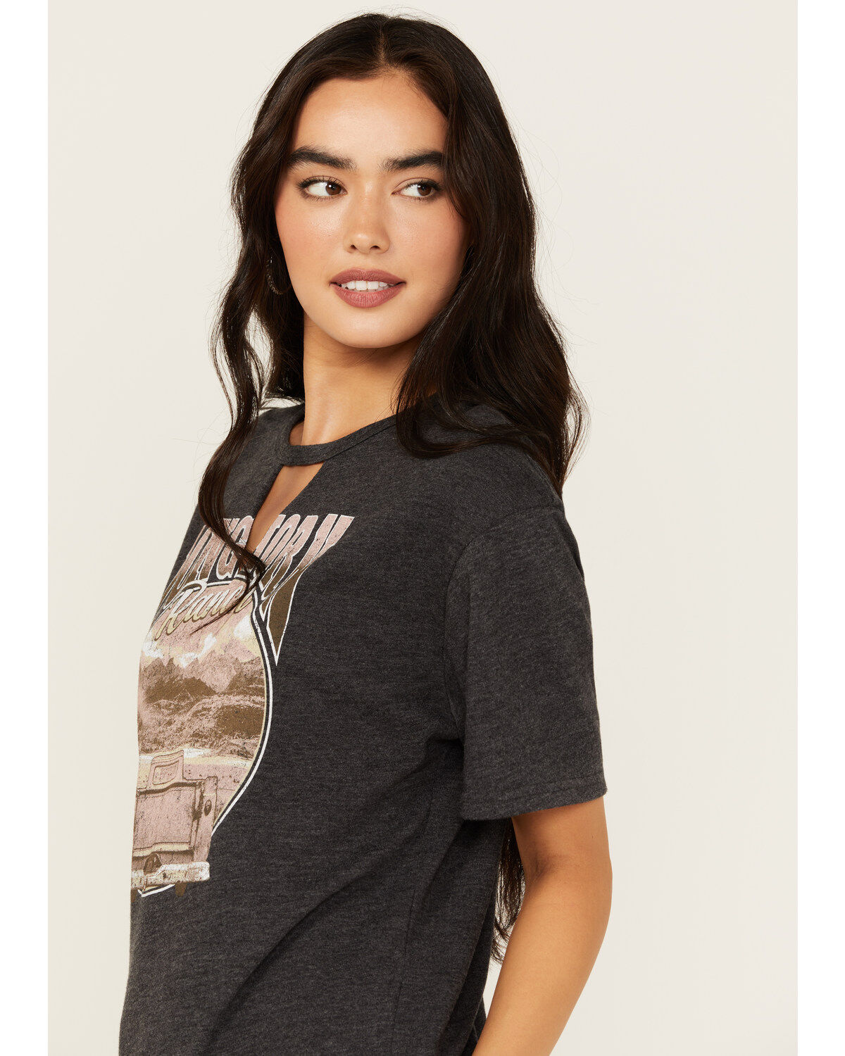 Youth in Revolt Women's Cutout Neck Long Horn Ranch Graphic Tee