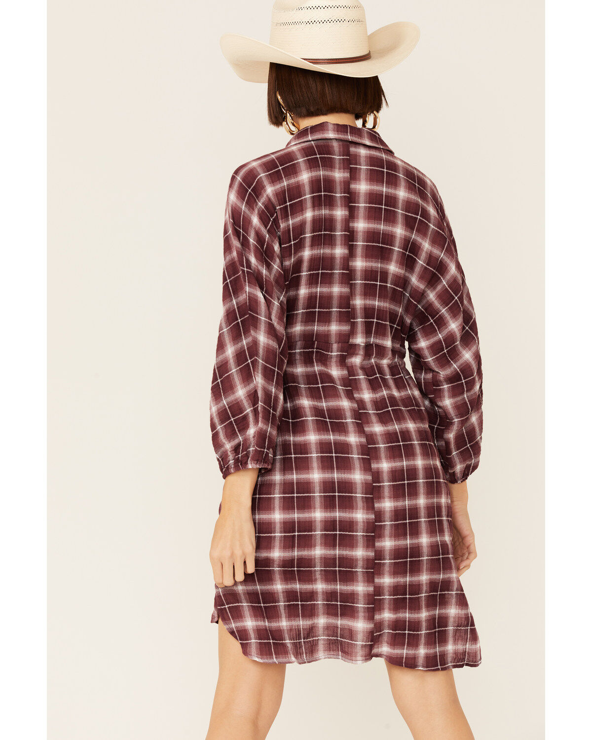 Wild Moss Women's Burgundy Long Sleeve Plaid Shirt Mini Dress