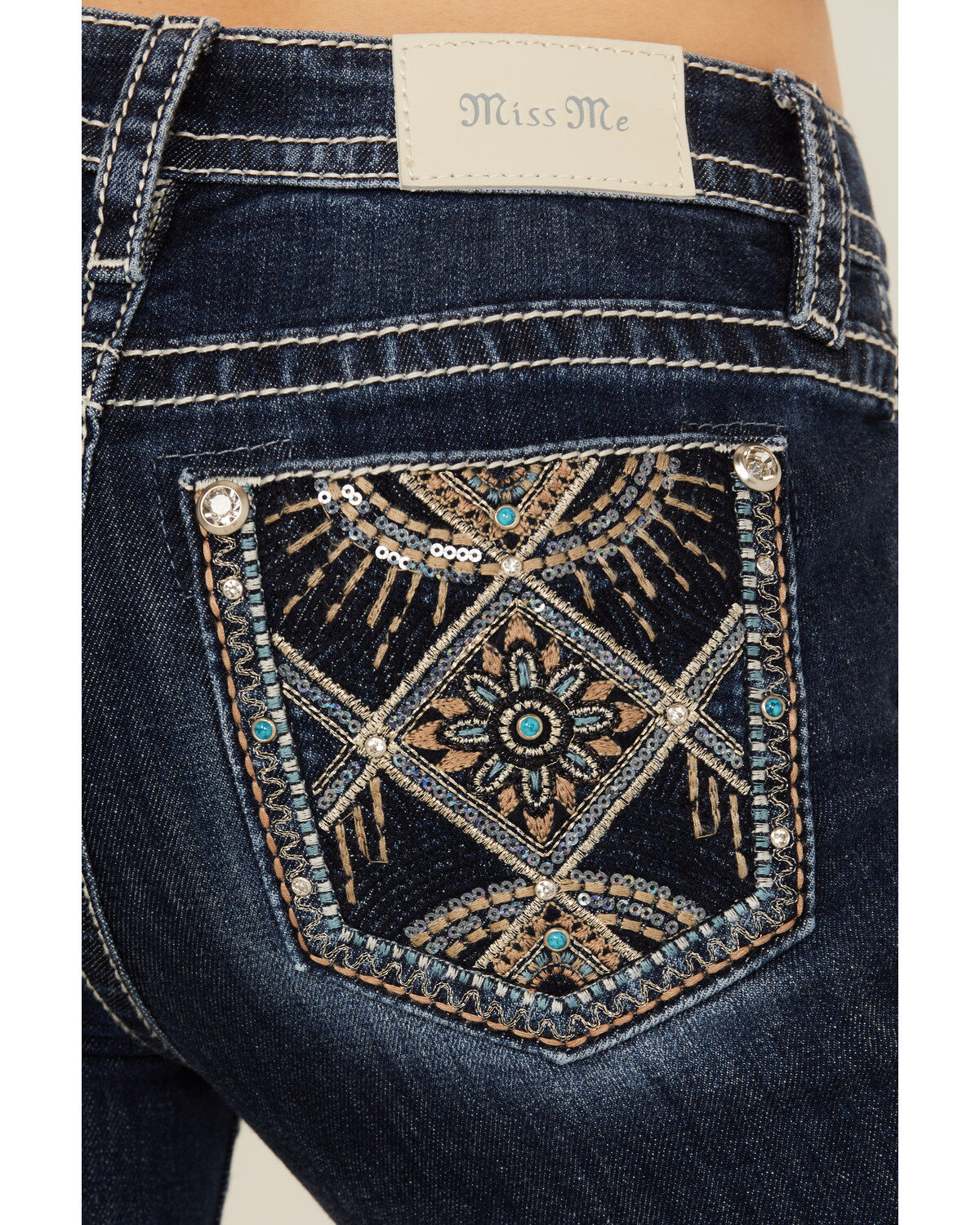 Miss Me Women's Dark Wash Mid Rise Patchwork Pocket Bootcut Stretch Denim Jeans