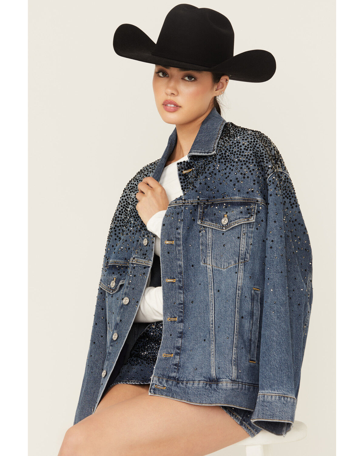 7 For All Mankind Women's Candy Oil Dark Wash Oversized Embellished Trucker Denim Jacket