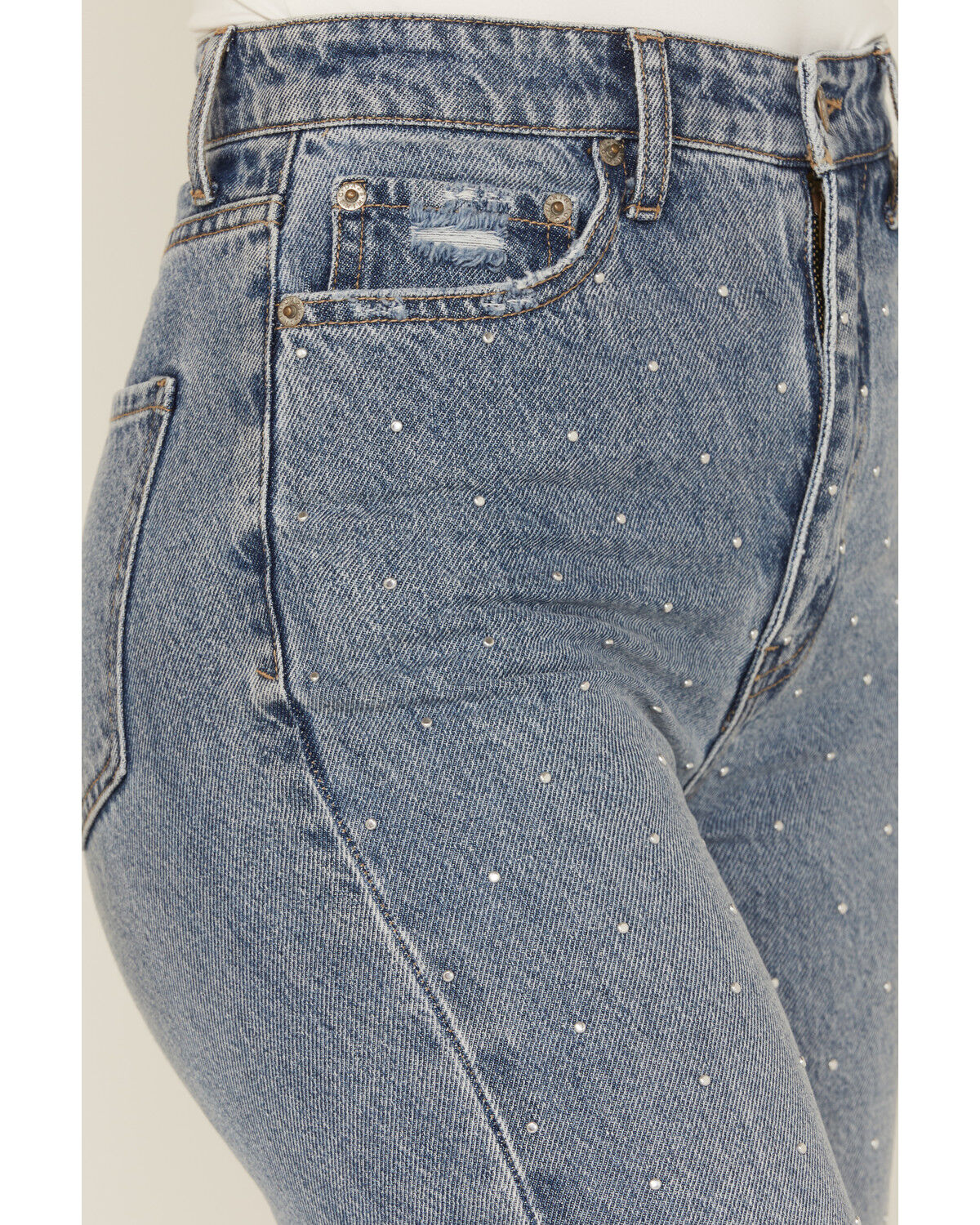 Daze Women's Far Out Medium Wash High Rise Studded Wide Leg Denim Jeans