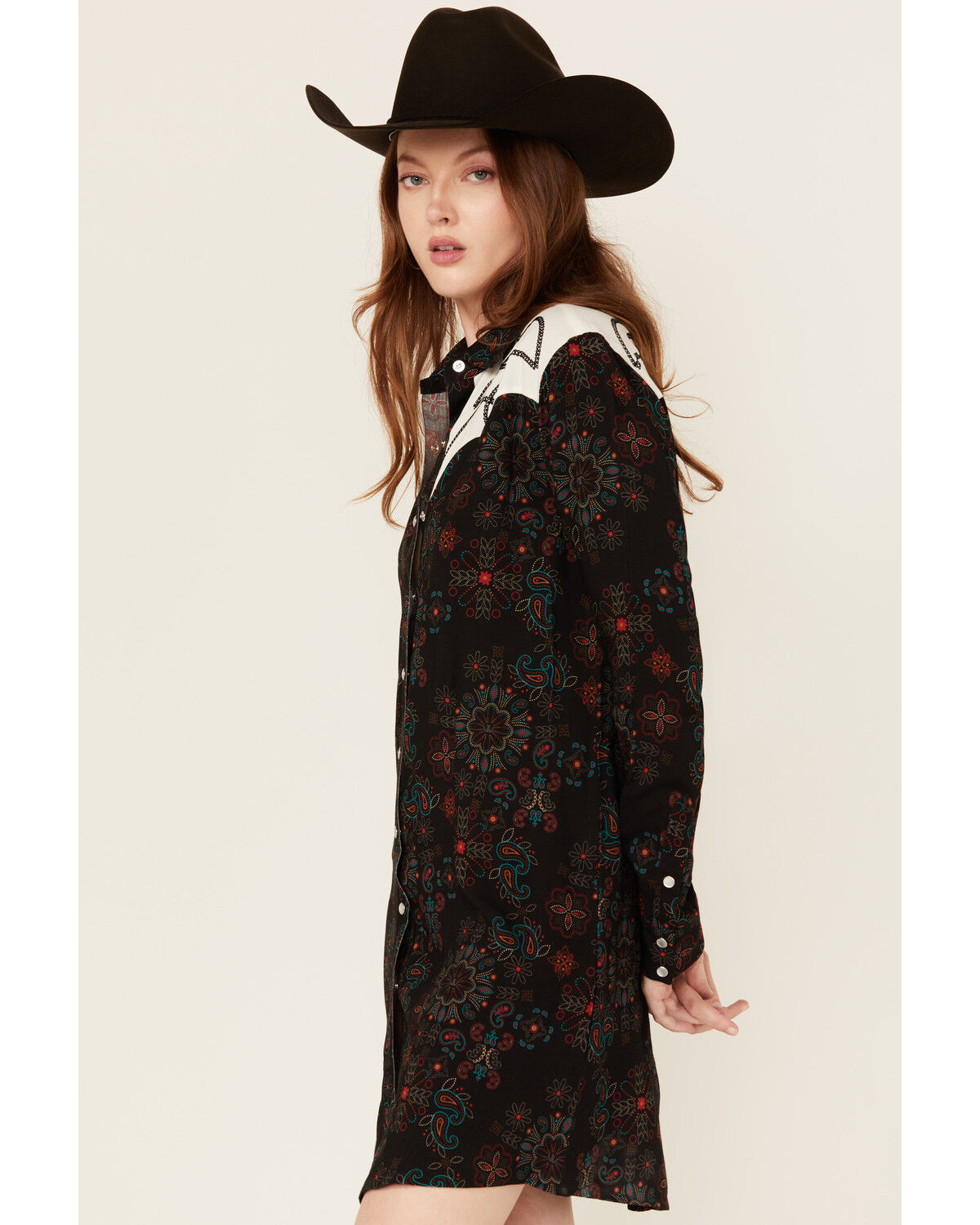 Panhandle Women's Floral Print Embroidered Long Sleeve Snap Western Mini Dress