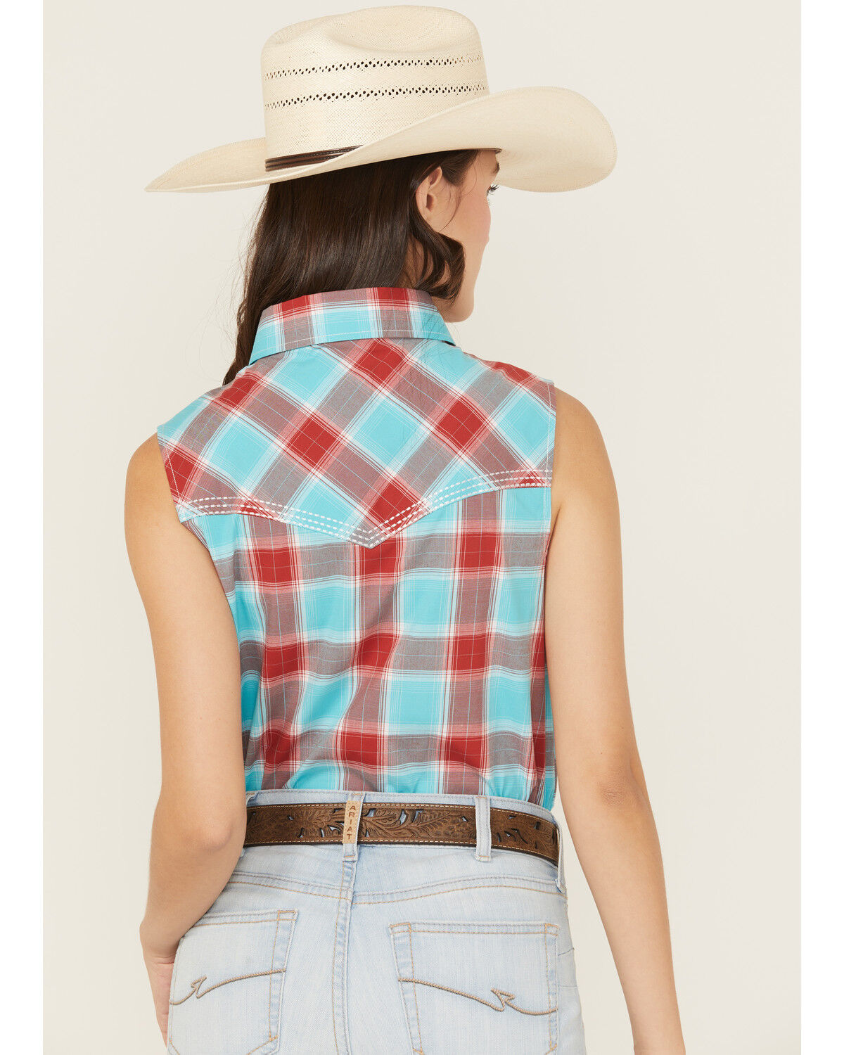 Cowgirl Hardware Women's Plaid Print Sleeveless Snap Stretch Western Shirt