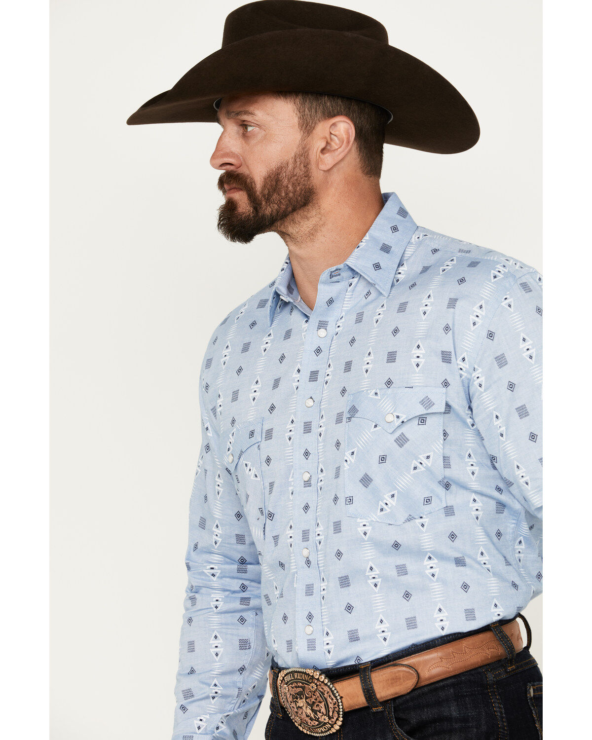 Rough Stock by Panhandle Men's Chambray Southwestern Print Long Sleeve Snap Western Shirt