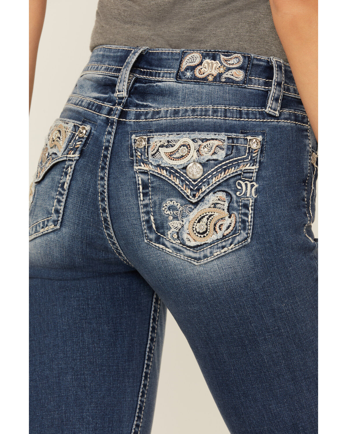 Miss Me Women's Dark Wash Mid Rise Paisley Pocket Bootcut Stretch Denim Jeans