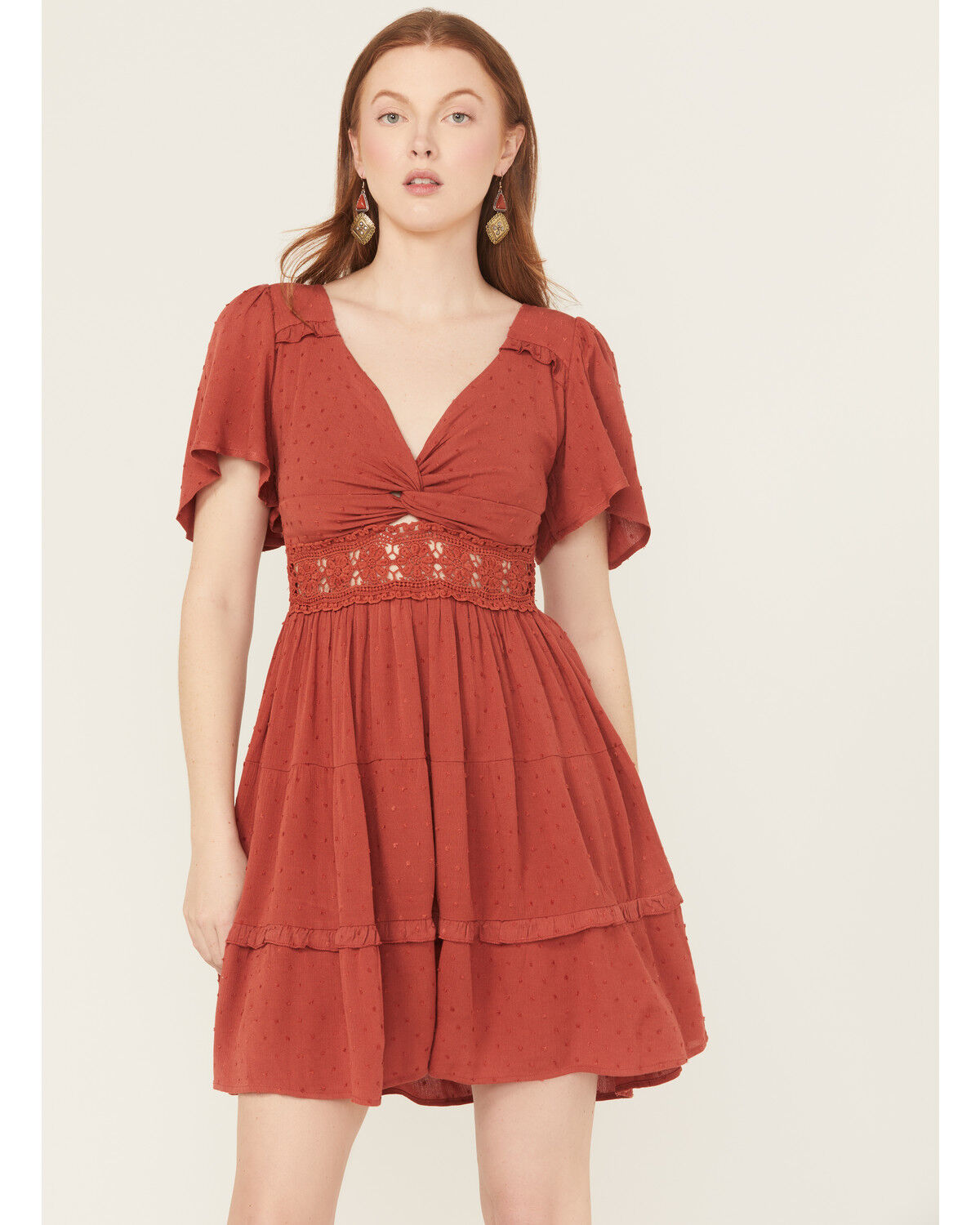 Wild Moss Women's Crochet Inset Twist Front Short Sleeve Mini Dress