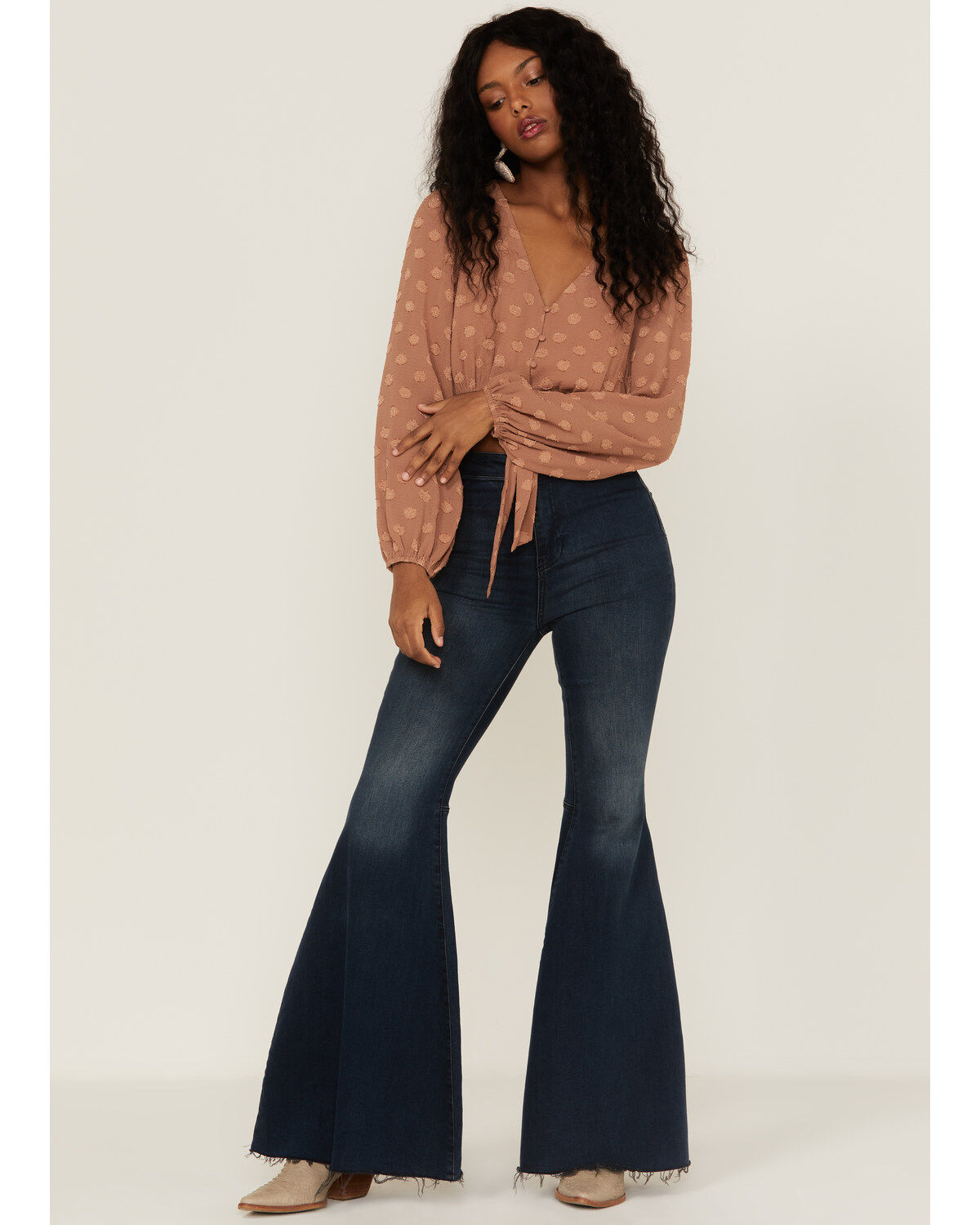 Lush Women's Tie Front Textured Dot Long Sleeve Blouse