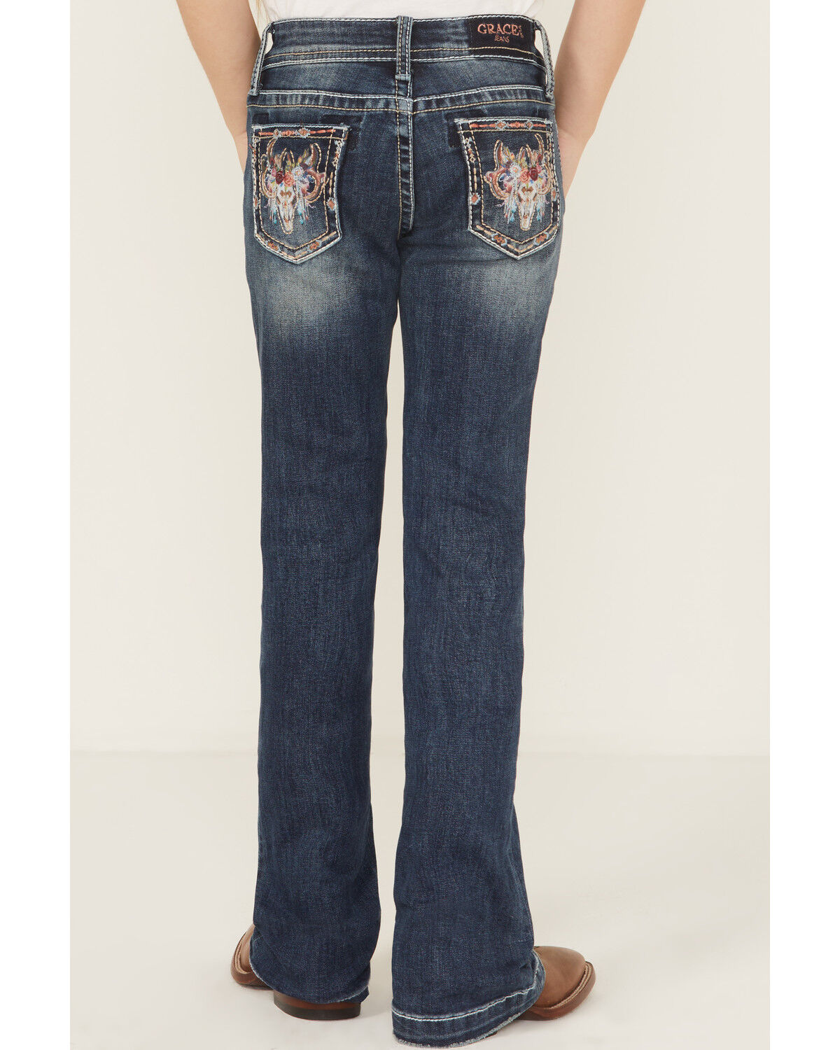 Grace In LA Girls' Floral Steerhead Embroidered Dark Wash Bootcut Stretch Denim Jeans