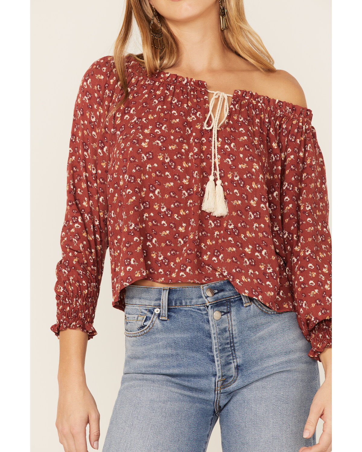 Wild Moss Women's Rust Floral Peasant Top