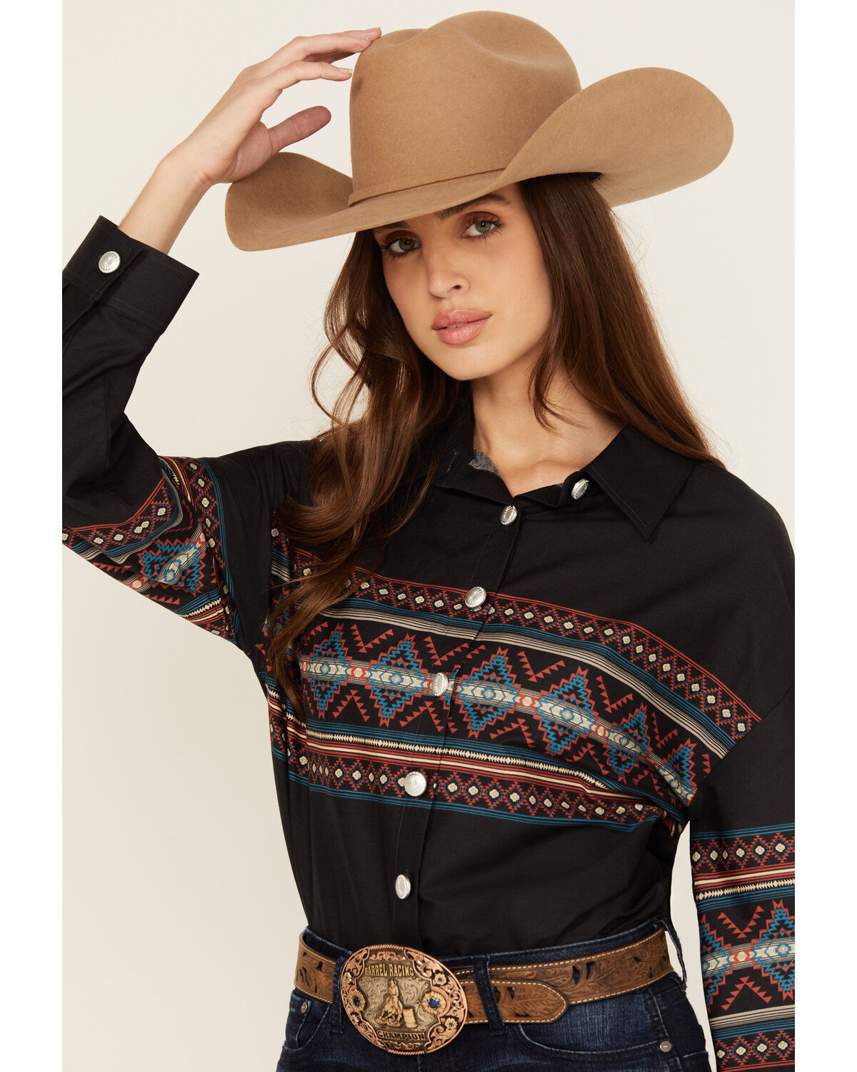 Rock & Roll Denim Women's Southwestern Border Print Cropped Long Sleeve Button-Down Western Shirt
