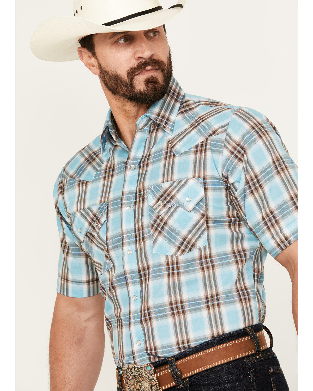 Ely Walker Men's Plaid Print Short Sleeve Pearl Snap Western Shirt