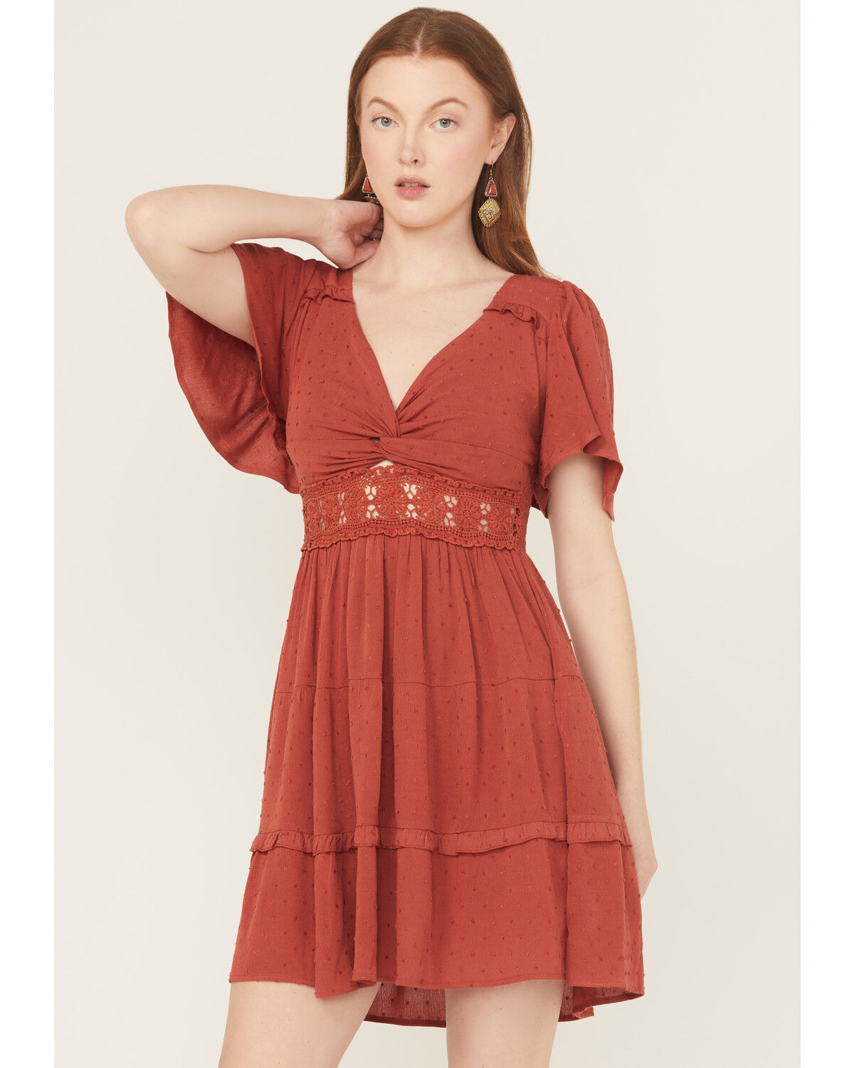 Wild Moss Women's Crochet Inset Twist Front Short Sleeve Mini Dress