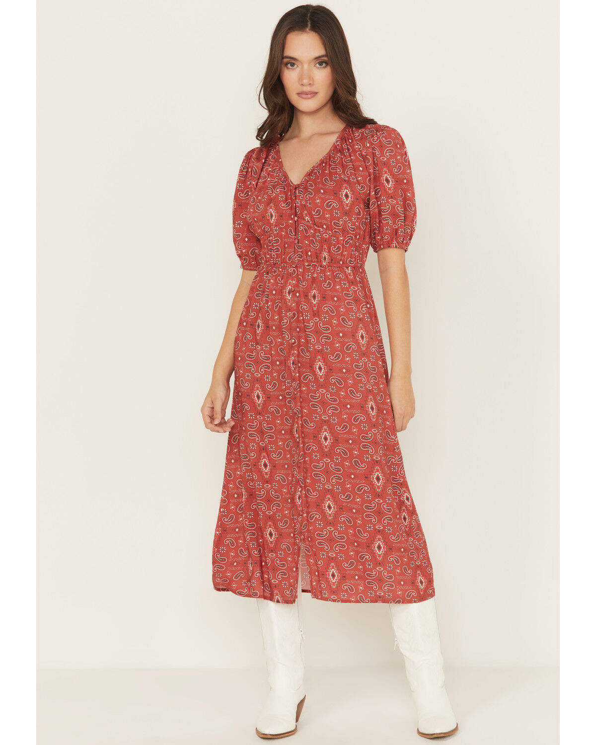 Panhandle Women's Paisley Print Puff Sleeve Midi Dress