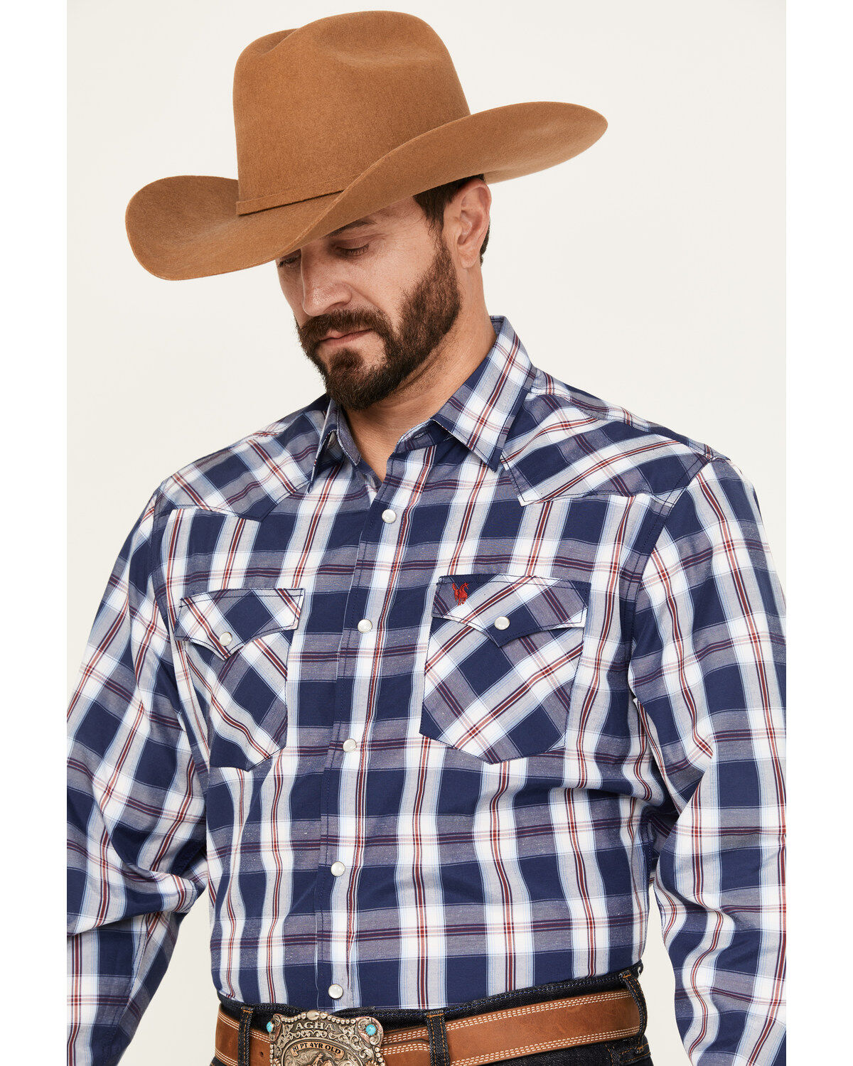 Rodeo Clothing Men's Plaid Print Long Sleeve Pearl Snap Western Shirt