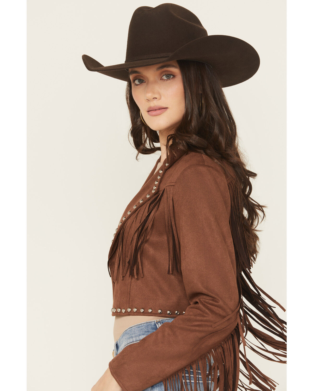 Saints & Hearts Women's Faux Suede Studded Fringe Cropped Jacket