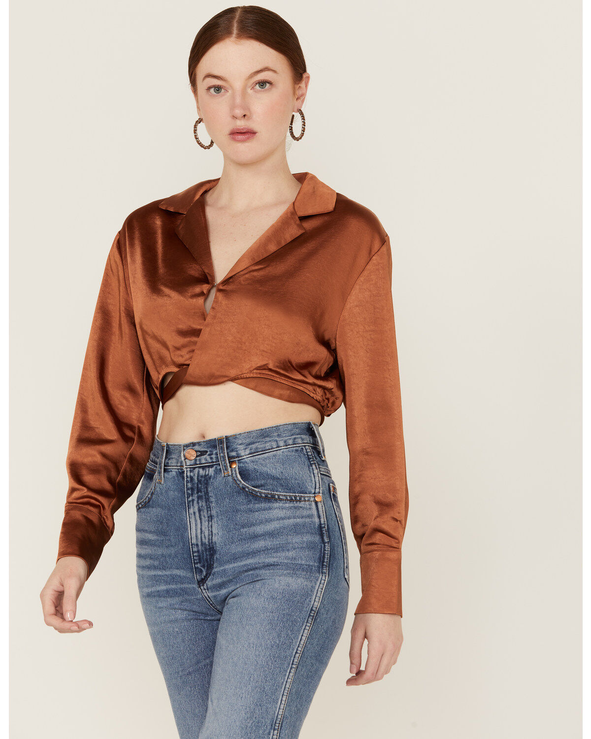 Lush Women's Satin Wrap Tie Waist Crop Top
