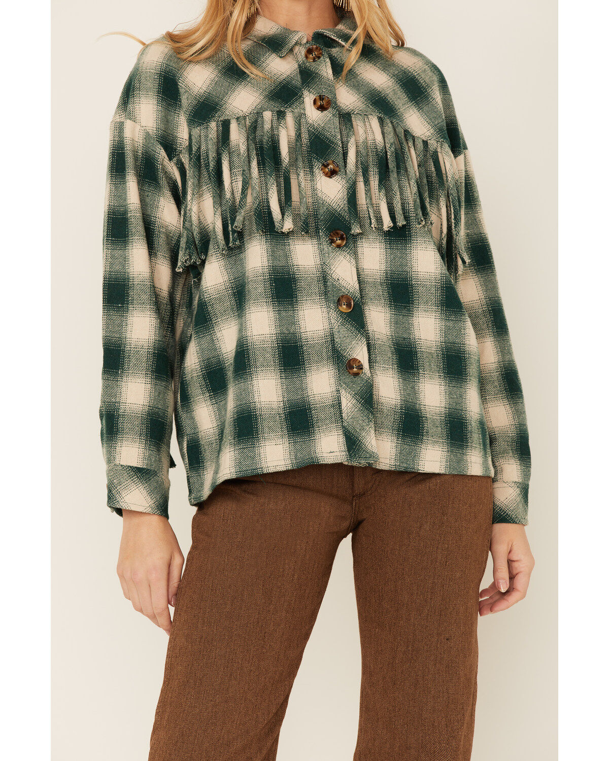 Entro Women's Green Plaid Fringe Yoke Shacket
