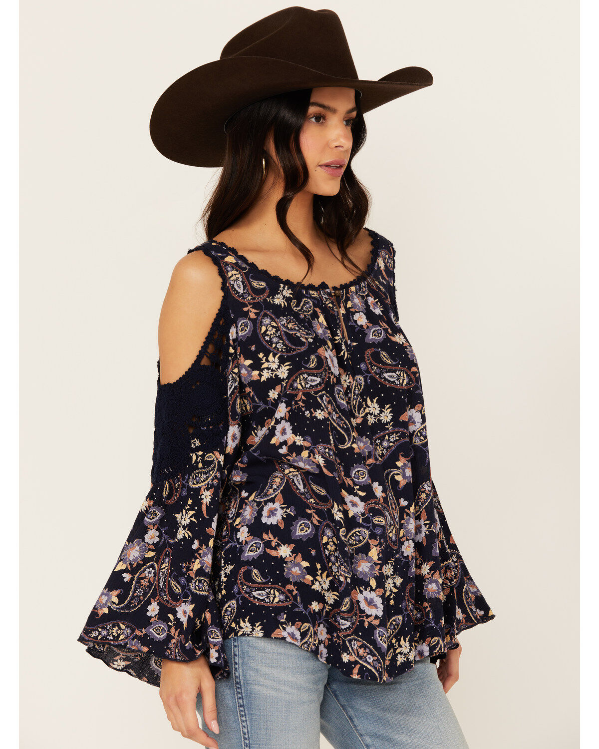 Bila Women's Floral Print Long Sleeve Cold Shoulder Shirt