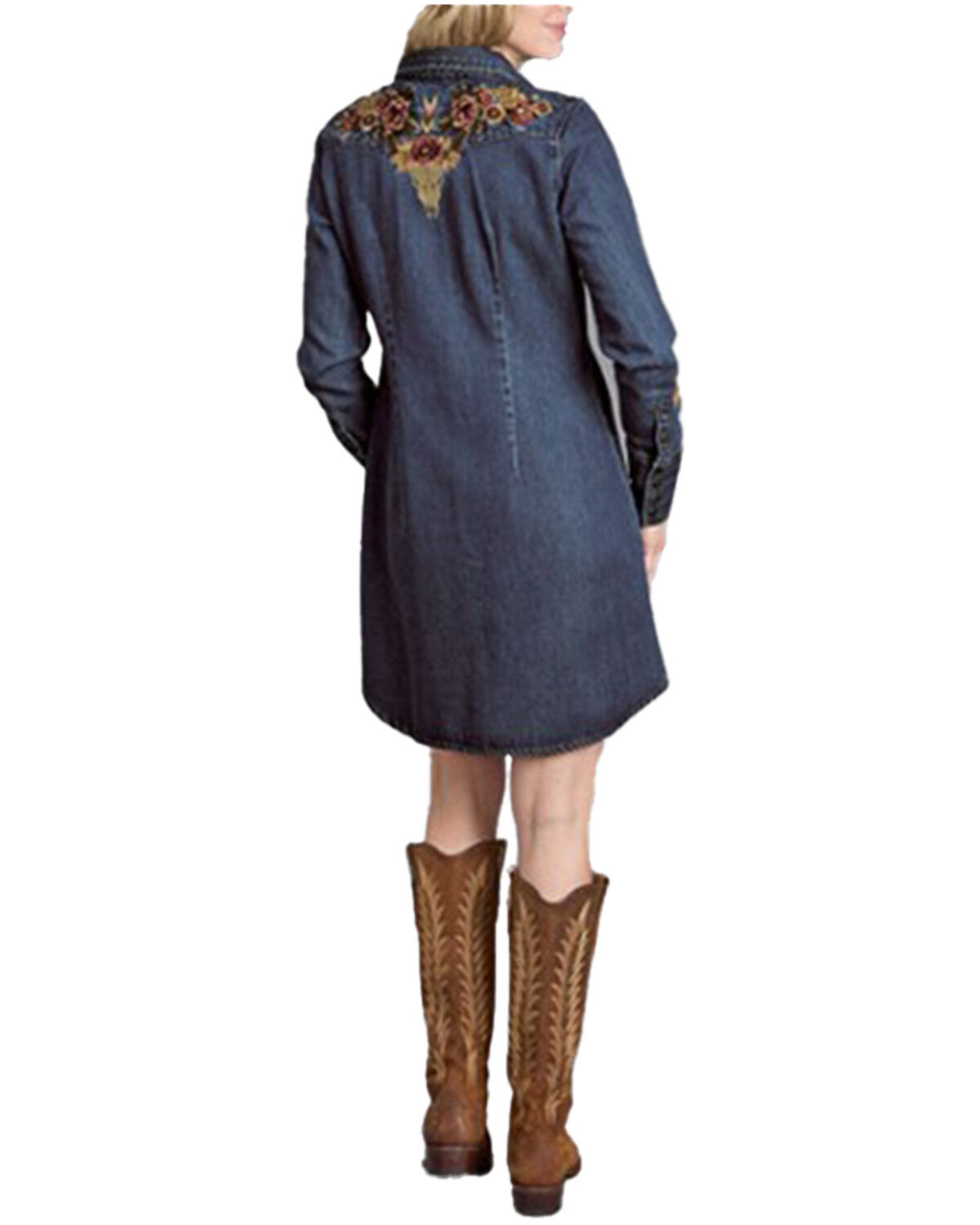 Stetson Women's Dark Wash Denim Embroidered Long Sleeve Mini Shirt Dress