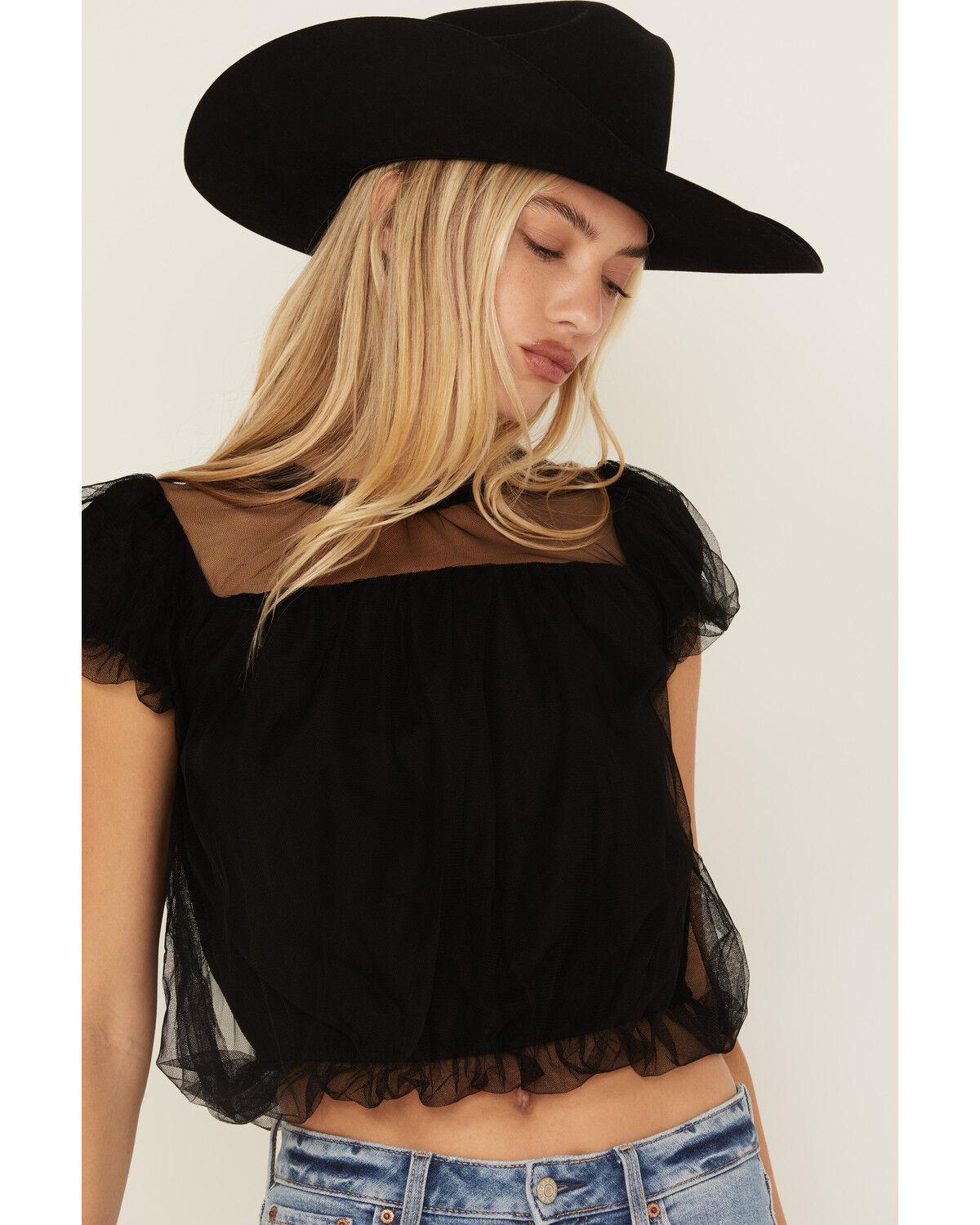 Very J Women's Tulle Short Sleeve Shirt