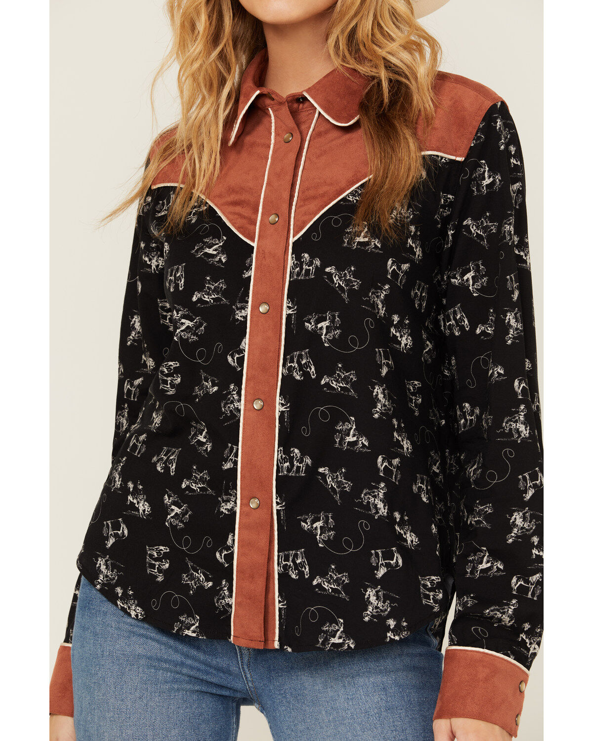 Cruel Girl Women's Conversation Print Long Sleeve Snap Western Shirt