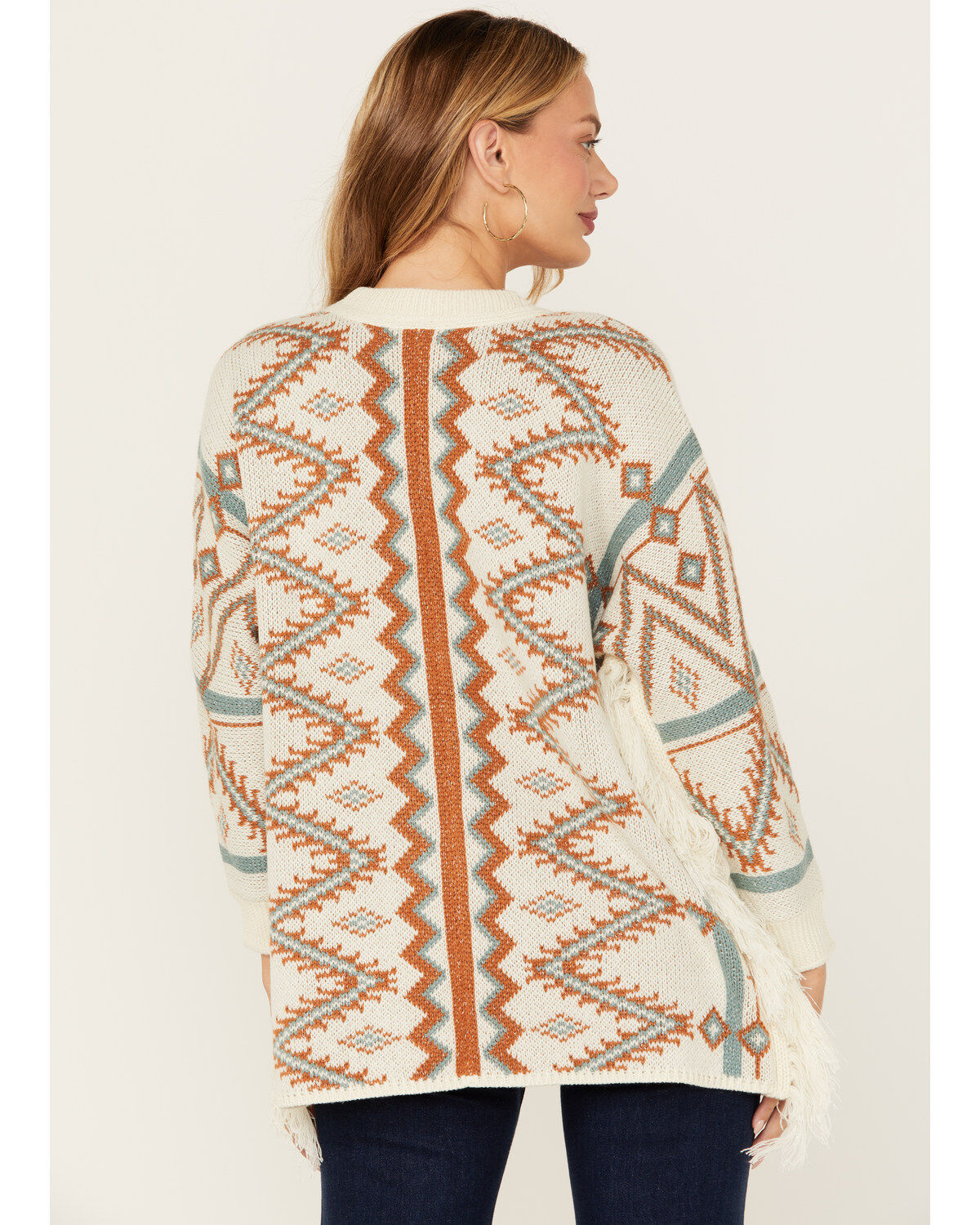 Shyanne Women's Southwestern Print Open Front Fringe Cardigan