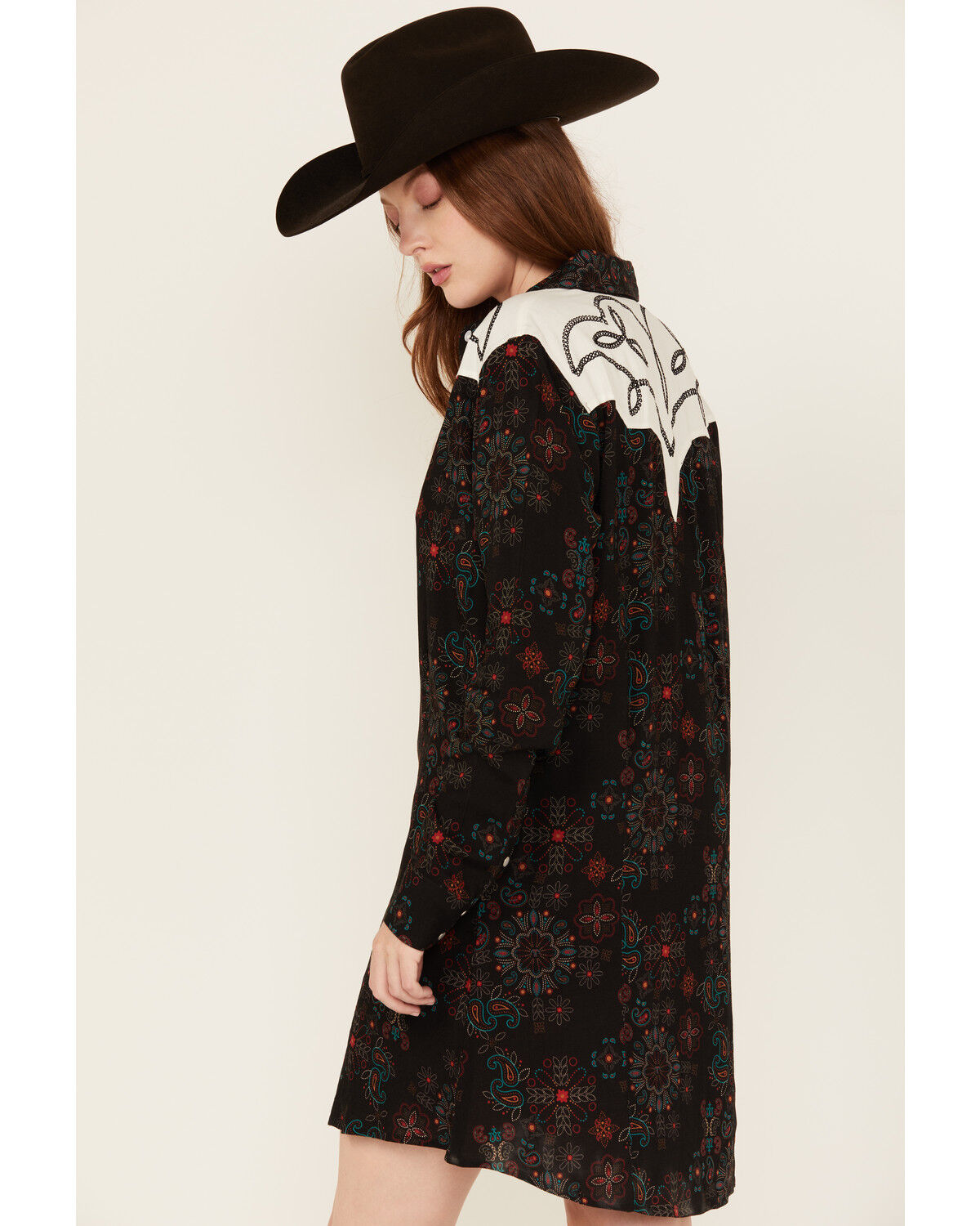 Panhandle Women's Floral Print Embroidered Long Sleeve Snap Western Mini Dress