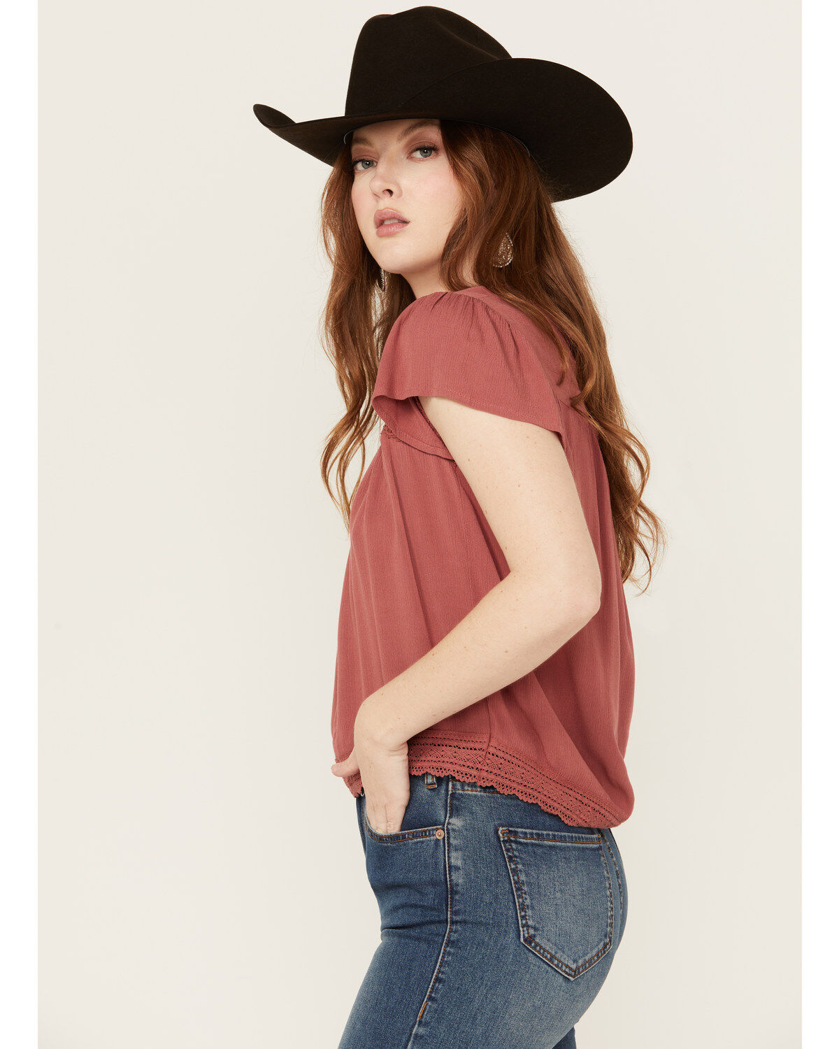 Jolt Women's Lace Trim Flutter Short Sleeve Top