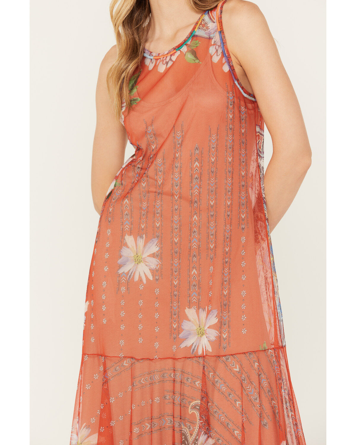 Johnny Was Women's Paisley Print Mesh Slip Maxi Dress