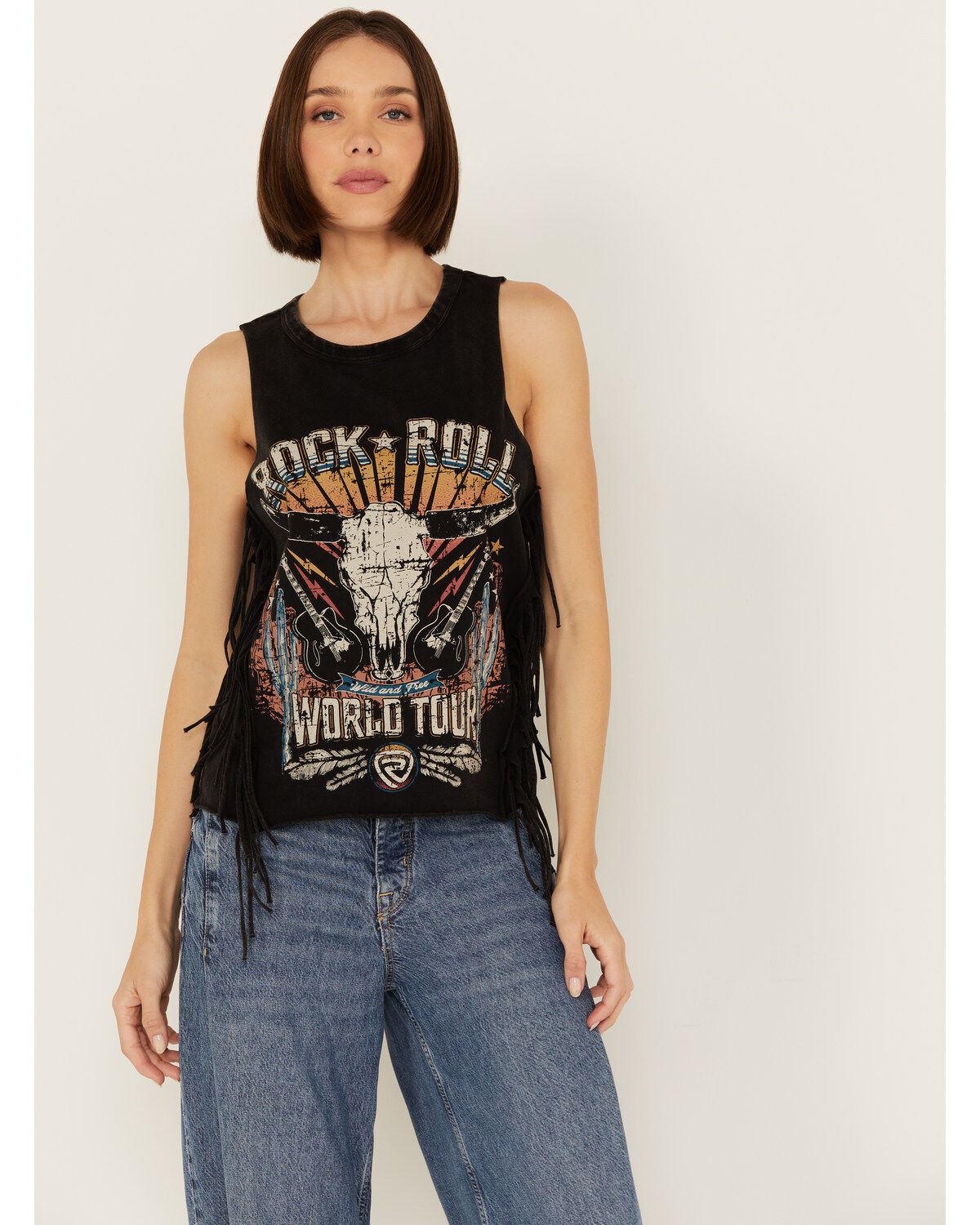 Rock & Roll Denim Women's Sleeveless Steer Head Fringe Tank