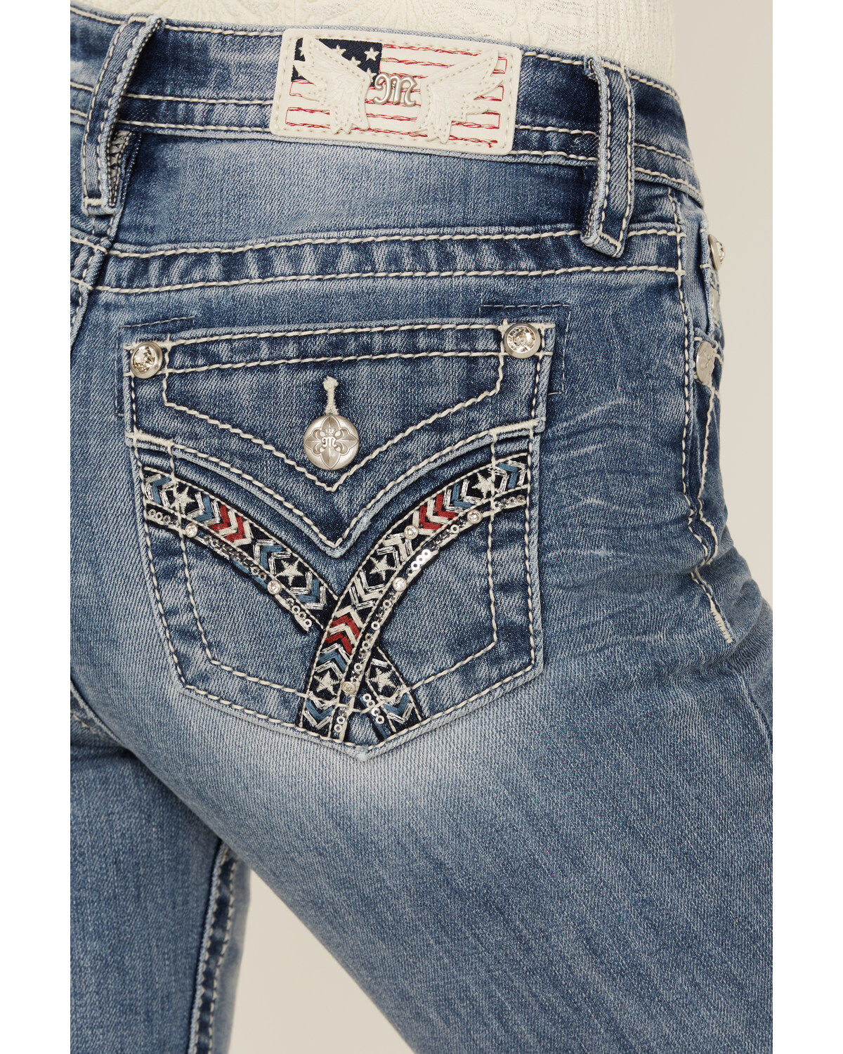 Miss Me Women's Medium Wash Mid Rise Americana Pocket Bootcut Stretch Denim Jeans