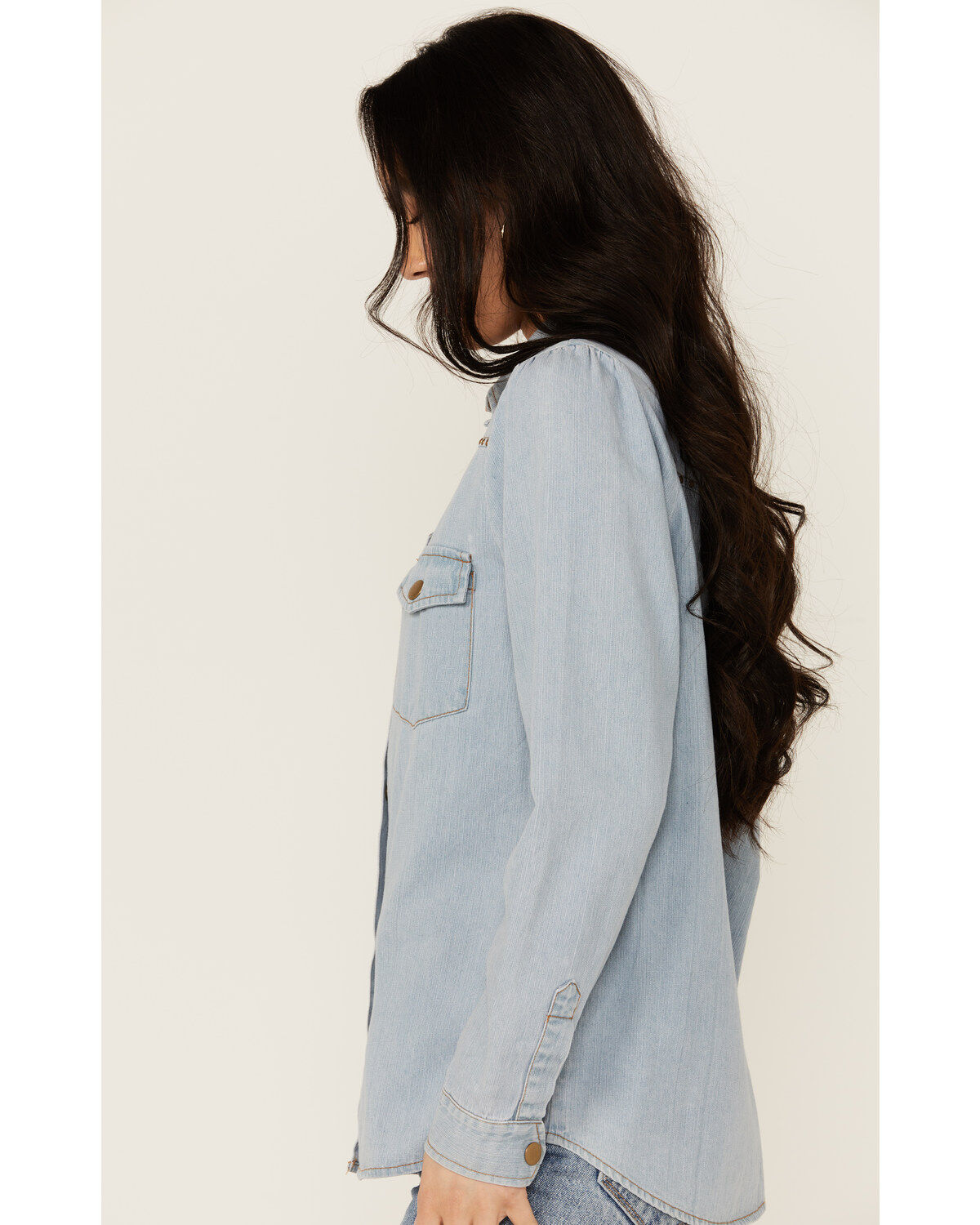 Blue B Women's Light Wash Studded Keyhole Long Sleeve Snap Denim Shirt