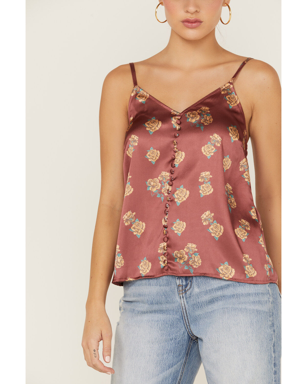 Panhandle Women's Floral Satin Button Front Cami