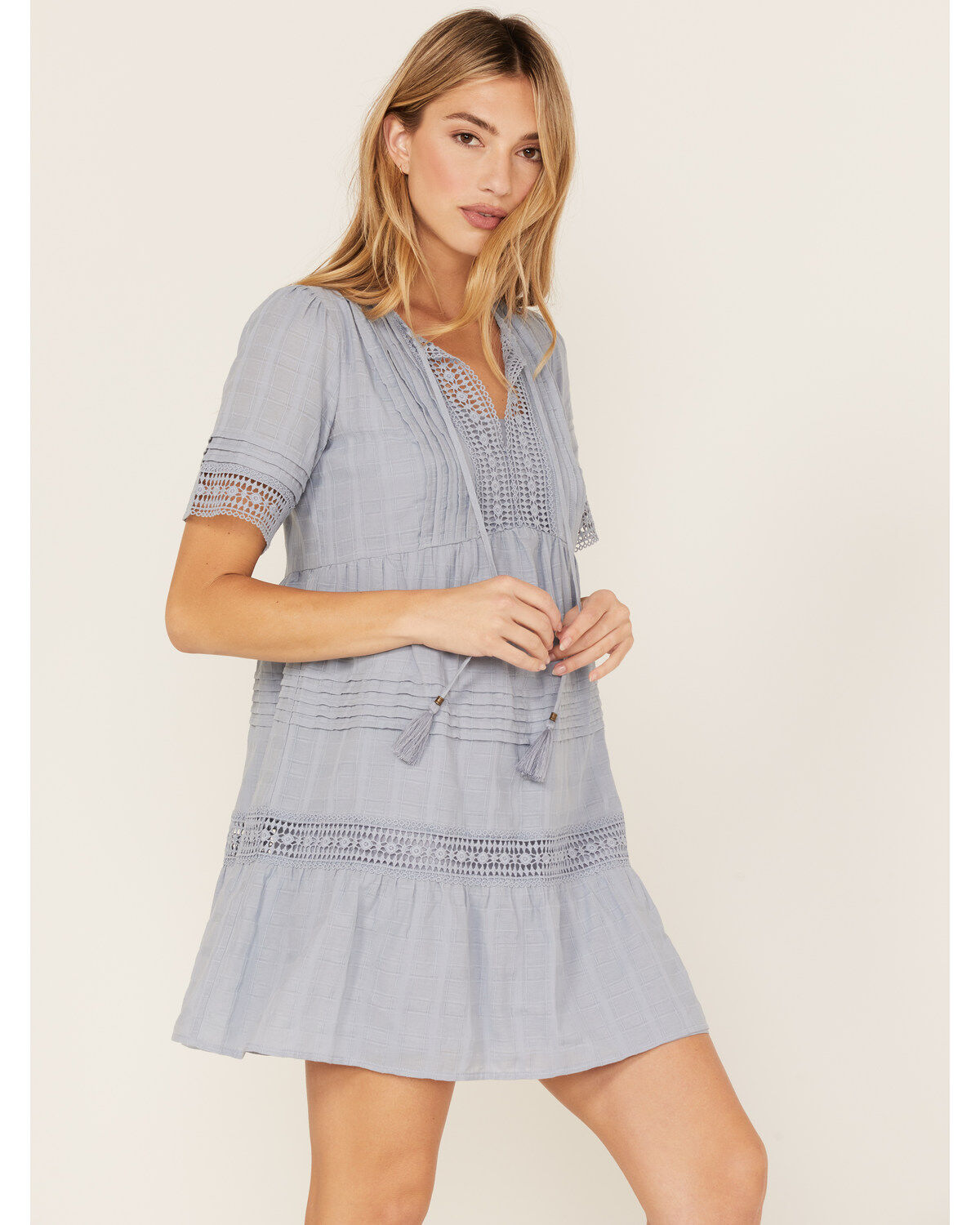 Jolt Women's Crochet Trim Tassel Short Sleeve Mini Dress