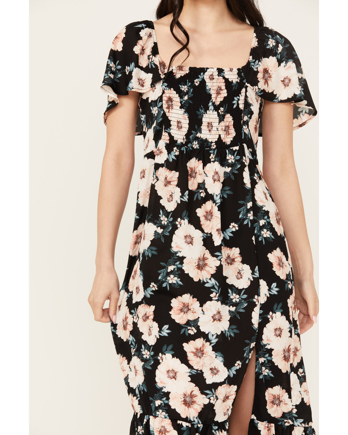Wild Moss Women's Smocked Front Floral Midi Dress