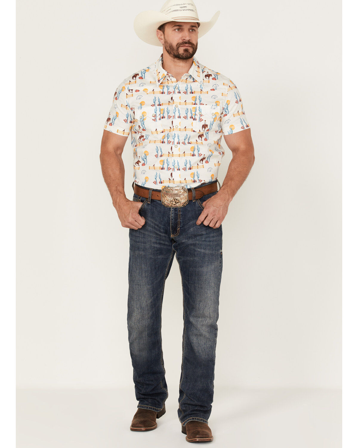 Dale Brisby Men's Cactus Conversational Print Short Sleeve Snap Western Shirt