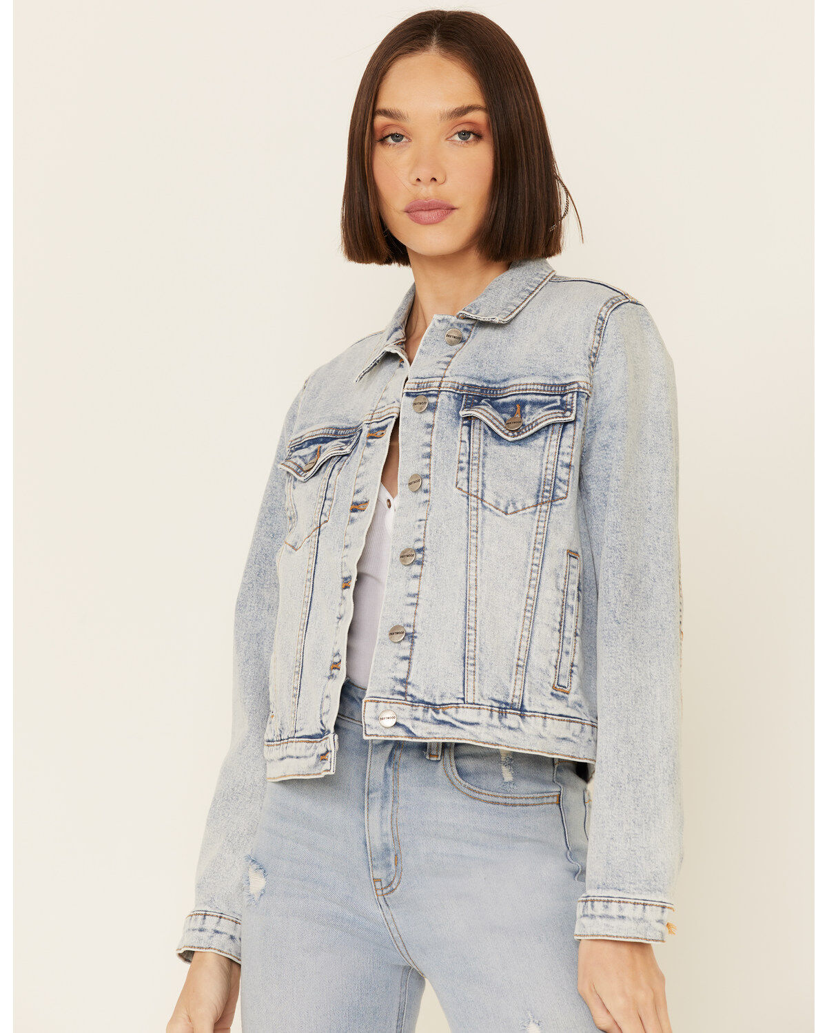 Driftwood Women's Light Wash Patchwork Cropped Button-Front Denim Jacket