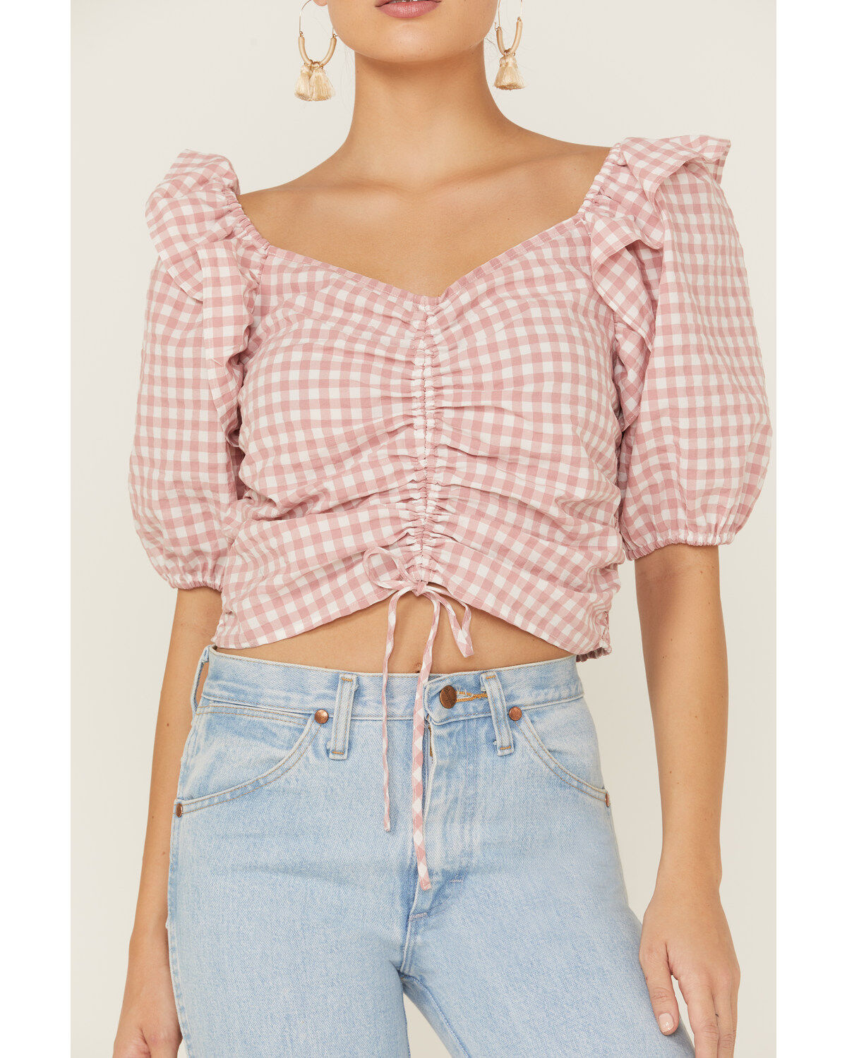 Beyond The Radar Women's Gingham Crop Cinch Detail Top