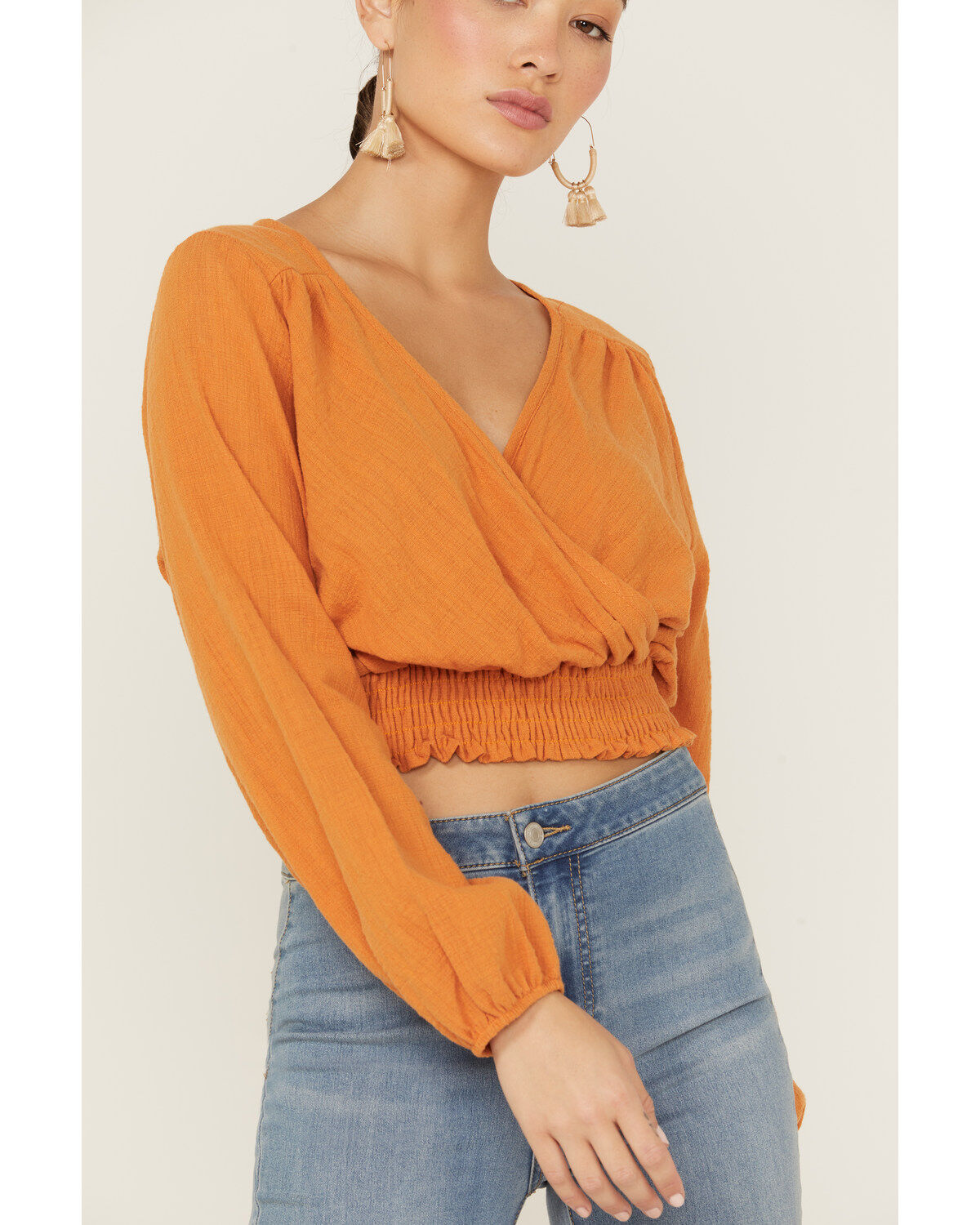 Saints & Hearts Women's Long Sleeve Surplice Smocked Waist Crop Top