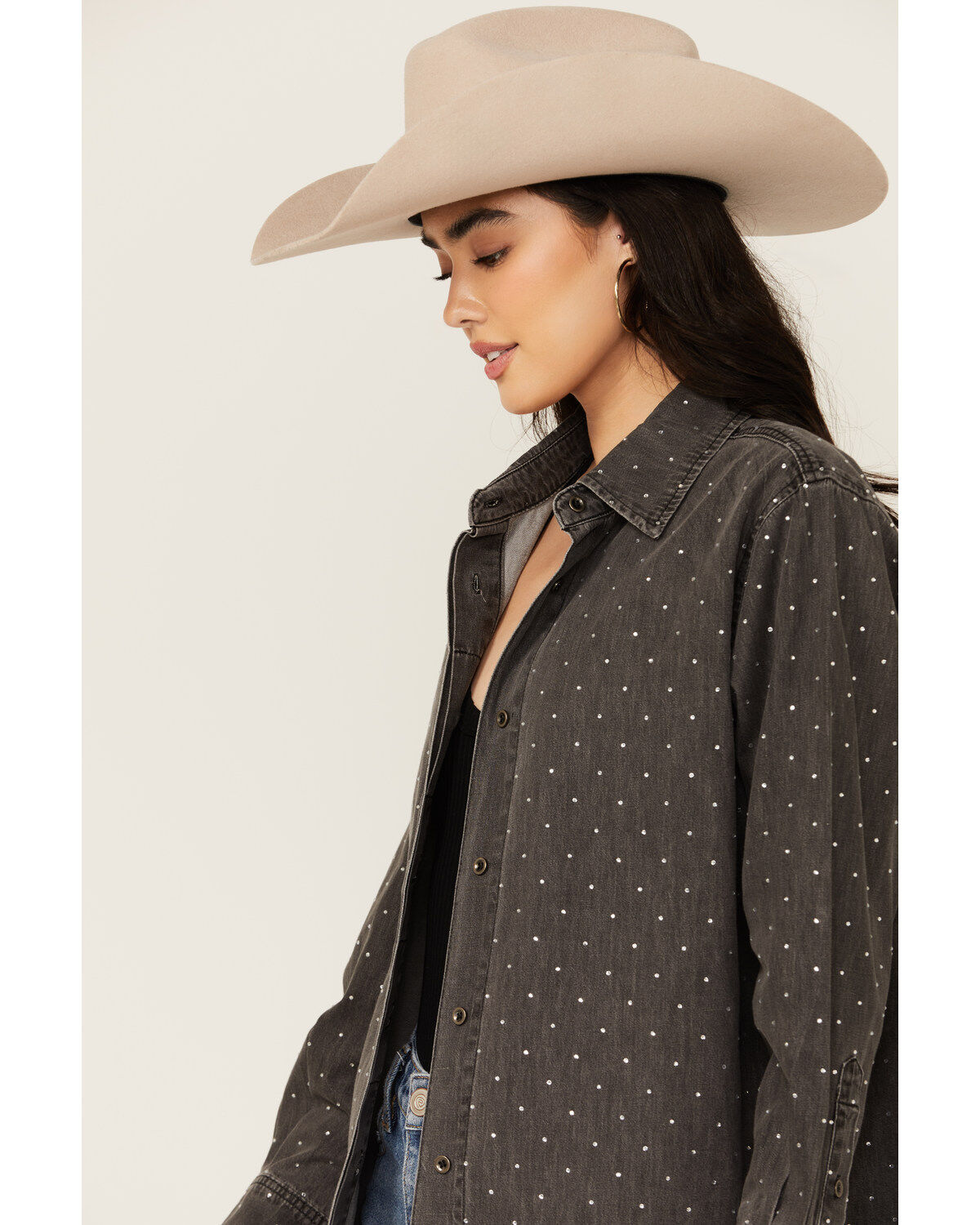 Blue B Women's Solid Rhinestone Long Sleeve Button-Down Shirt