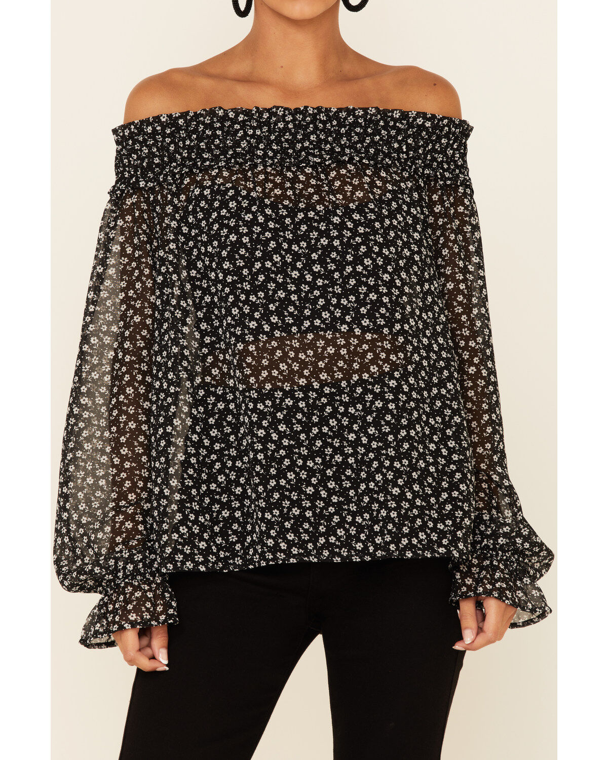 Wild Moss Women's Black Daisy Floral Print Chiffon Off-Shoulder Long Sleeve Top