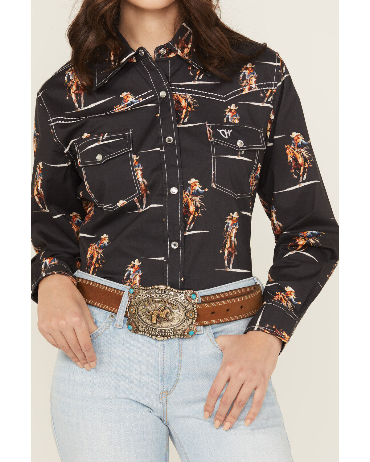Cowgirl Hardware Women's Cowgirl Conversation Print Long Sleeve Snap Stretch Western Shirt