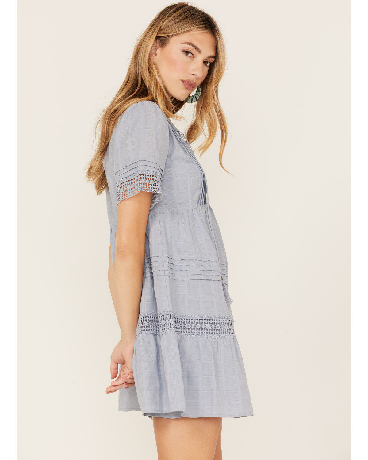 Jolt Women's Crochet Trim Tassel Short Sleeve Mini Dress