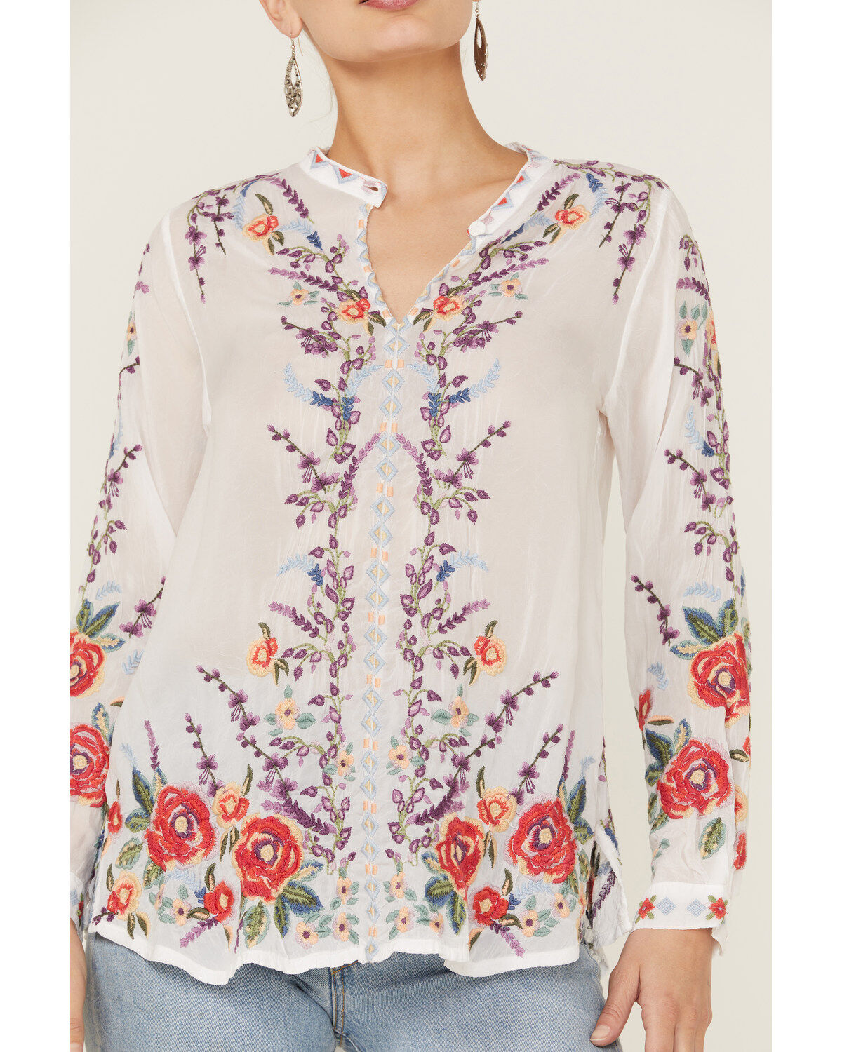 Johnny Was Women's Yasmine Embroidered Long Sleeve White Blouse