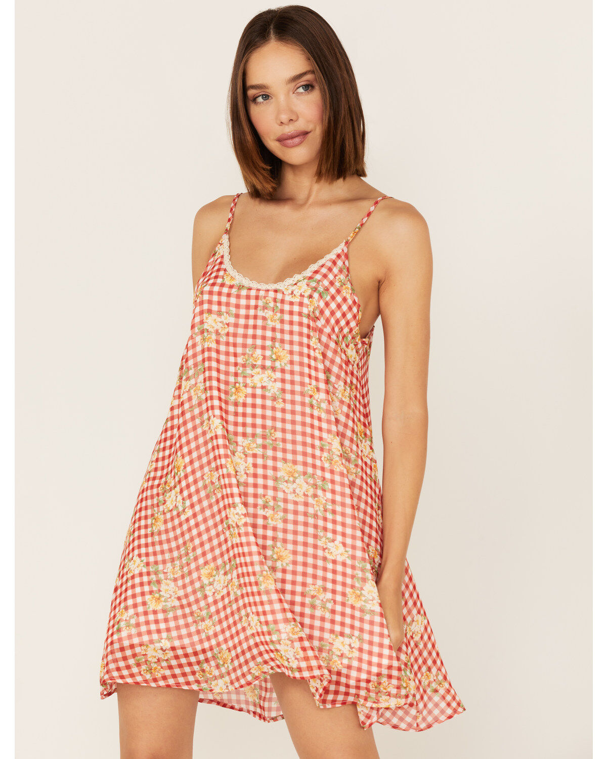 Wild Moss Women's Gingham Floral Print Slip Mini Dress