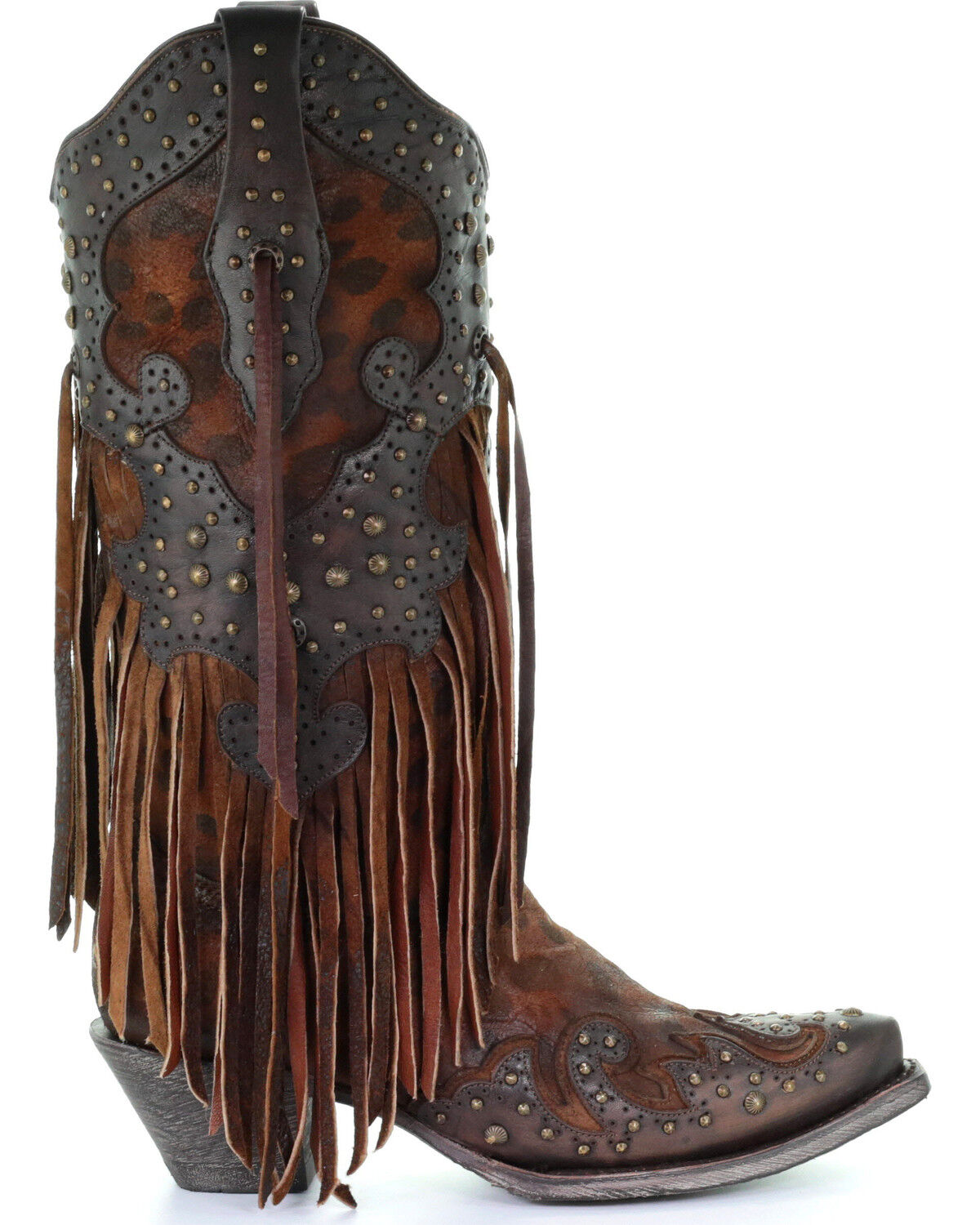 Corral Women's Leopard Stud & Fringe Western Boots - Snip Toe