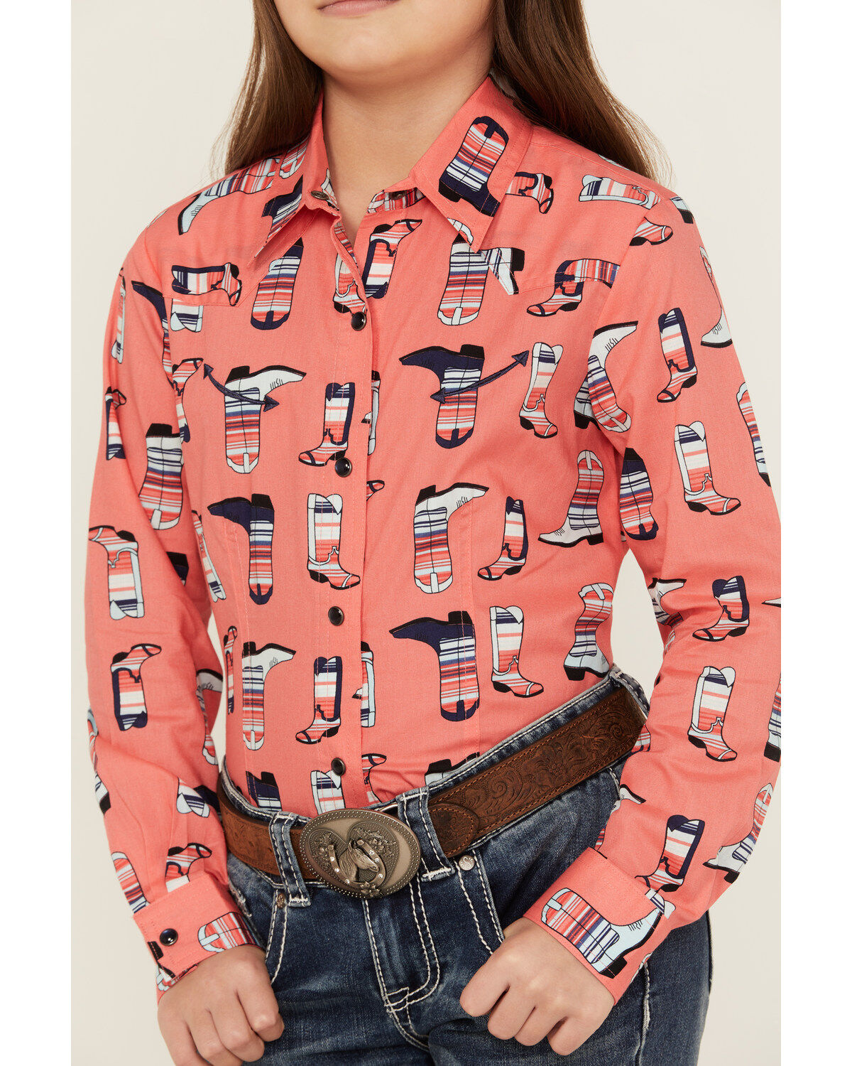 Cruel Girl Girls' Boot Print Long Sleeve Pearl Snap Western Shirt