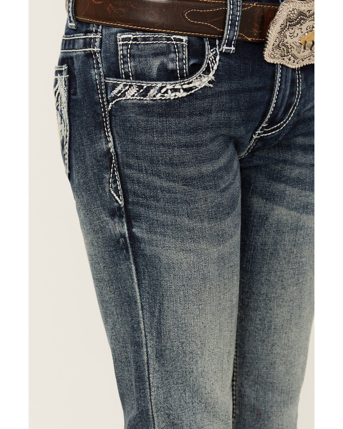 Grace in LA Little Girls' Medium Wash Steer Head Pocket Stretch Bootcut Jeans