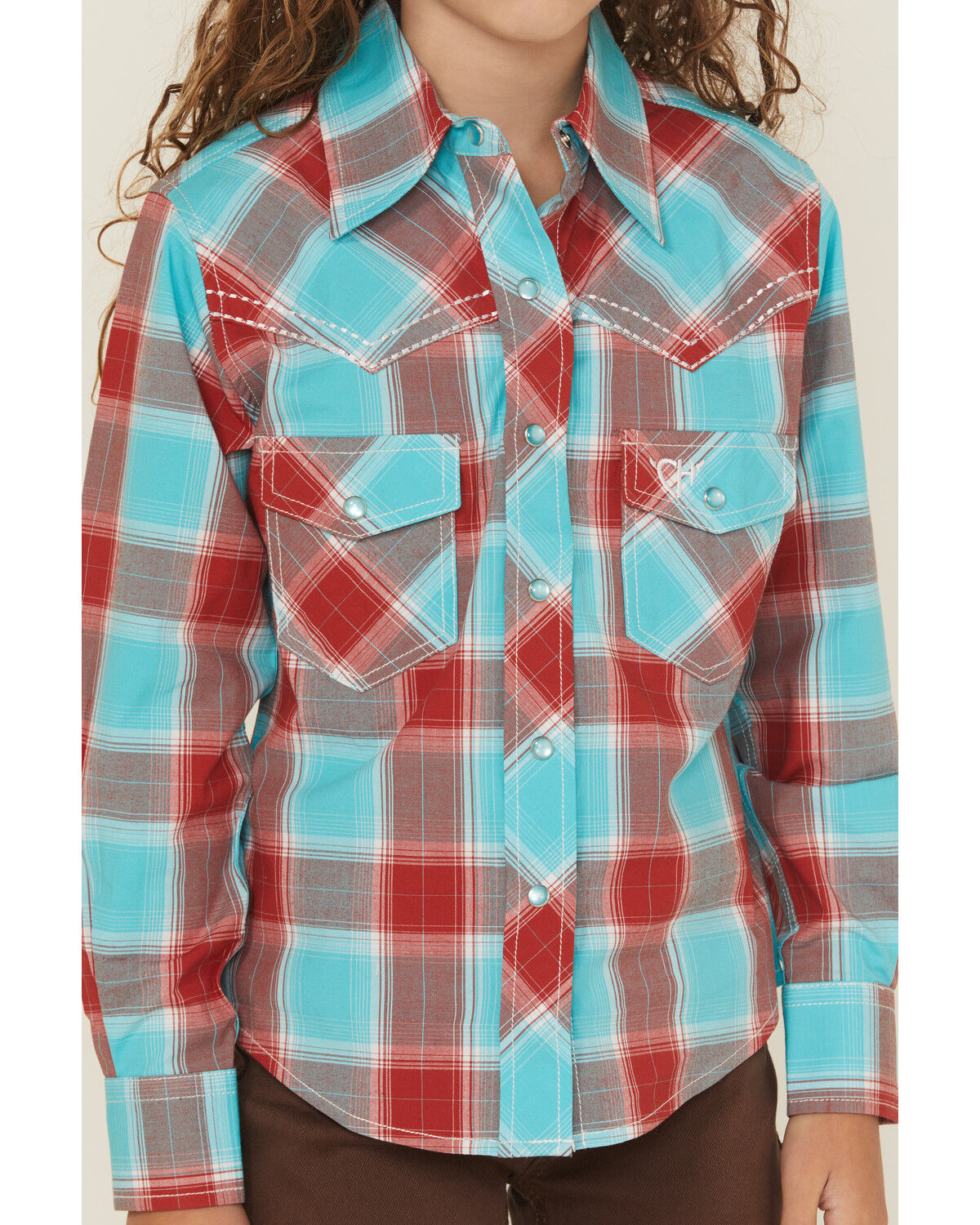 Cowgirl Hardware Girls' Plaid Print Long Sleeve Pearl Snap Stretch Western Shirt