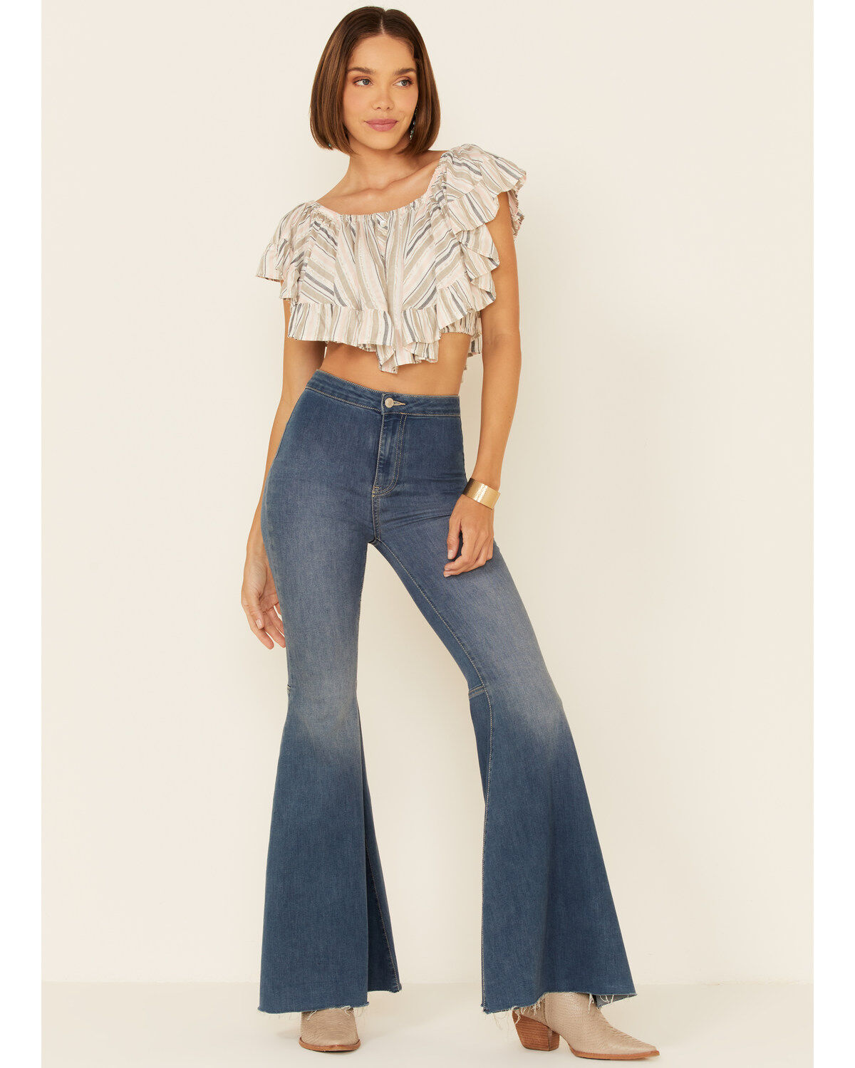 Angie Women's Stripe Butterfly Short Sleeve Crop Top